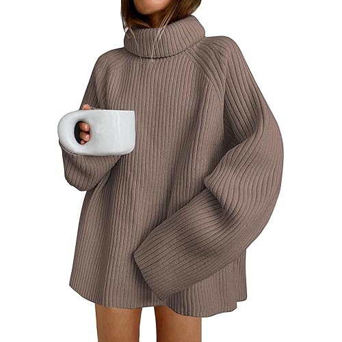 LILLUSORY Women's Oversized Turtleneck Chunky Knit Sweater Loose Fit Ribbed Tunic Mini Sweater Dress