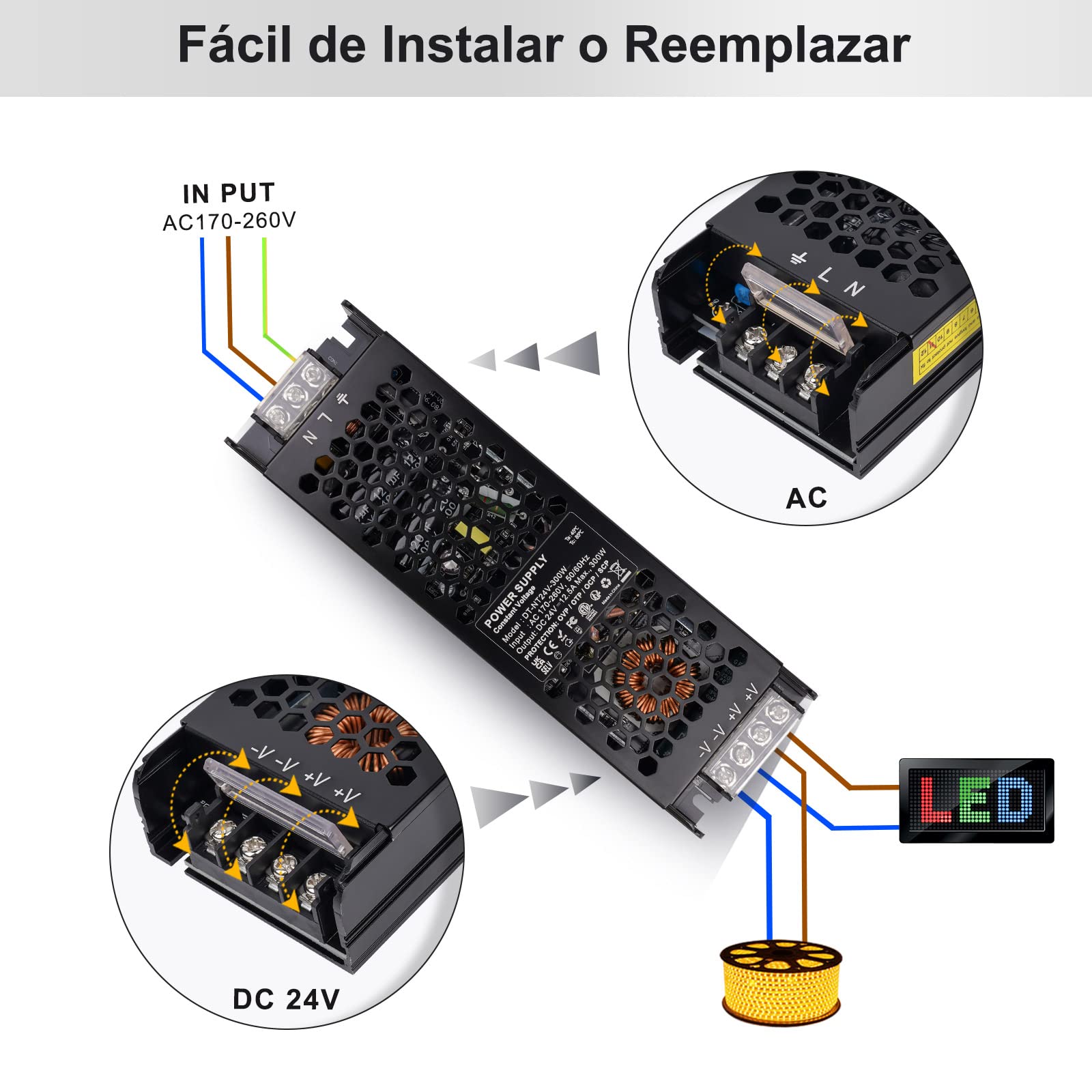 REYLAX Transformador 220V a 24V 300W 12,5A, Fuente Alimentación de Voltaje Constante, Transformador de conmutación de CA a CC, Driver de Bajo Voltaje para Tiras LED, Luces de Gabinete