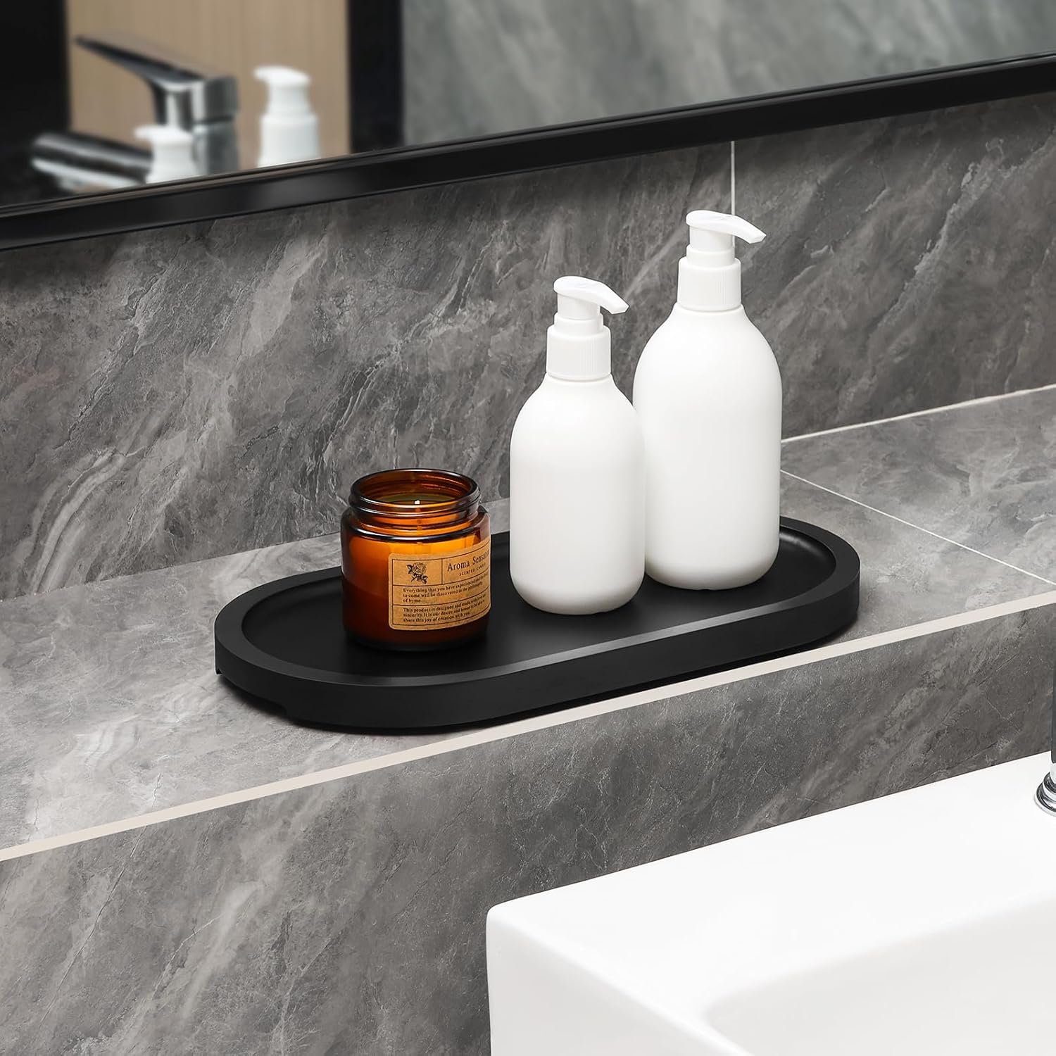 Bamboo Vanity Tray 11.4x6.1 inches, Decorative Vanity Tray for Bathroom Countertop Toilet Tank Farmhouse, Black - Image 2