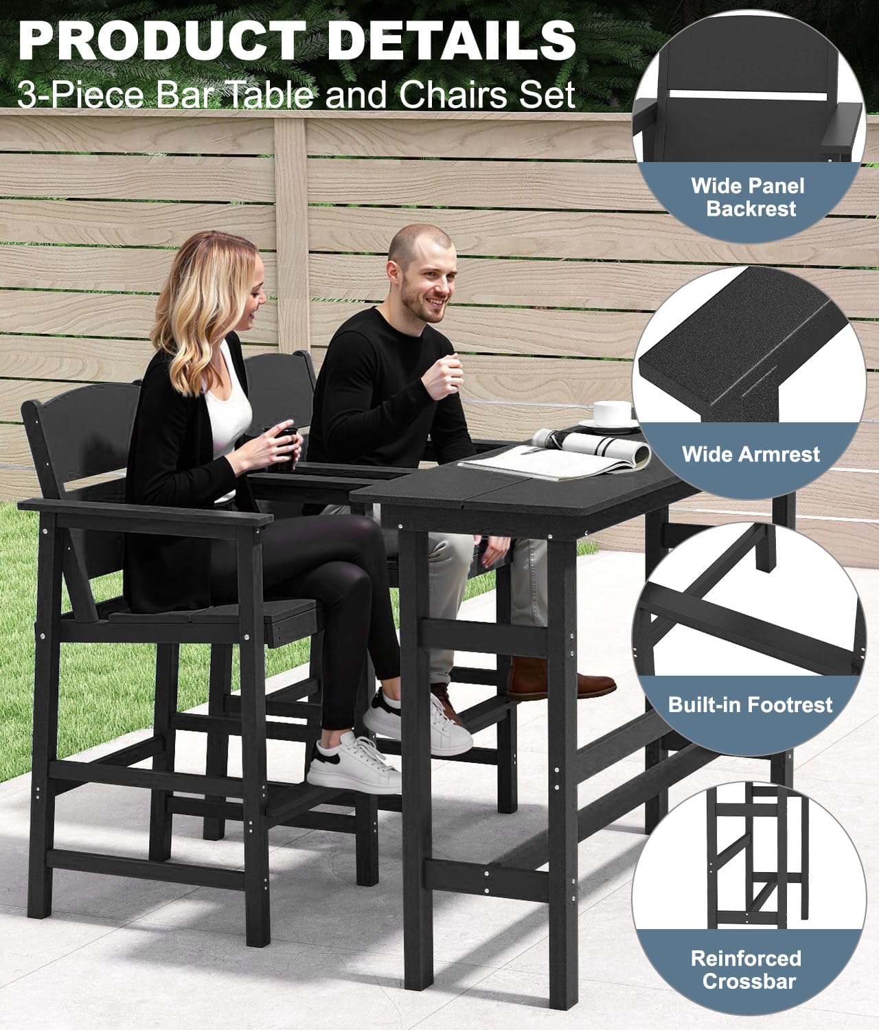 NAVINE Bar Height Patio Table and Chairs Set, HDPE Outdoor Adirondack Bar Chairs and Patio Table, All-Weather Patio Furniture for Poolside, Backyard, Garden, High Top Patio Bar Set (Black, 3-Piece)