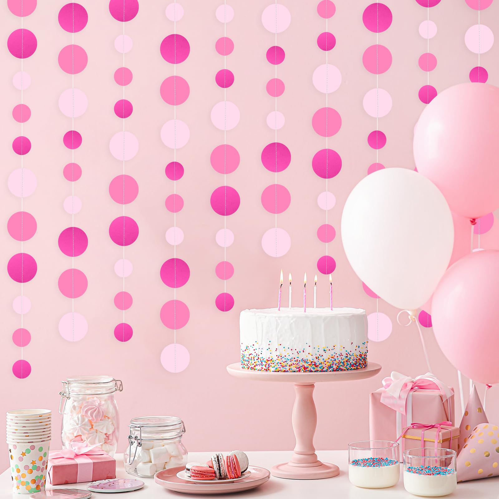 5 Pcs Hot Pink Garland Glitter Pink Circle Dots Garland, PLULON 65 Ft Hanging Paper Polka Dot Streamer Backdrop Banner for Pink Party Decor Birthday