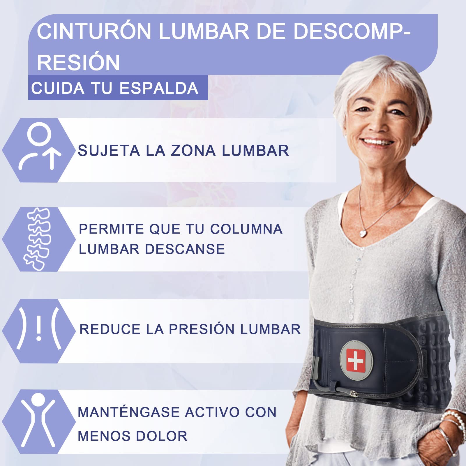Cinturón de descompresión para la espalda inflable, soporte lumbar inferior para el alivio del dolor de espalda baja, dispositivo de tracción lumbar con bomba de mano, talla única para