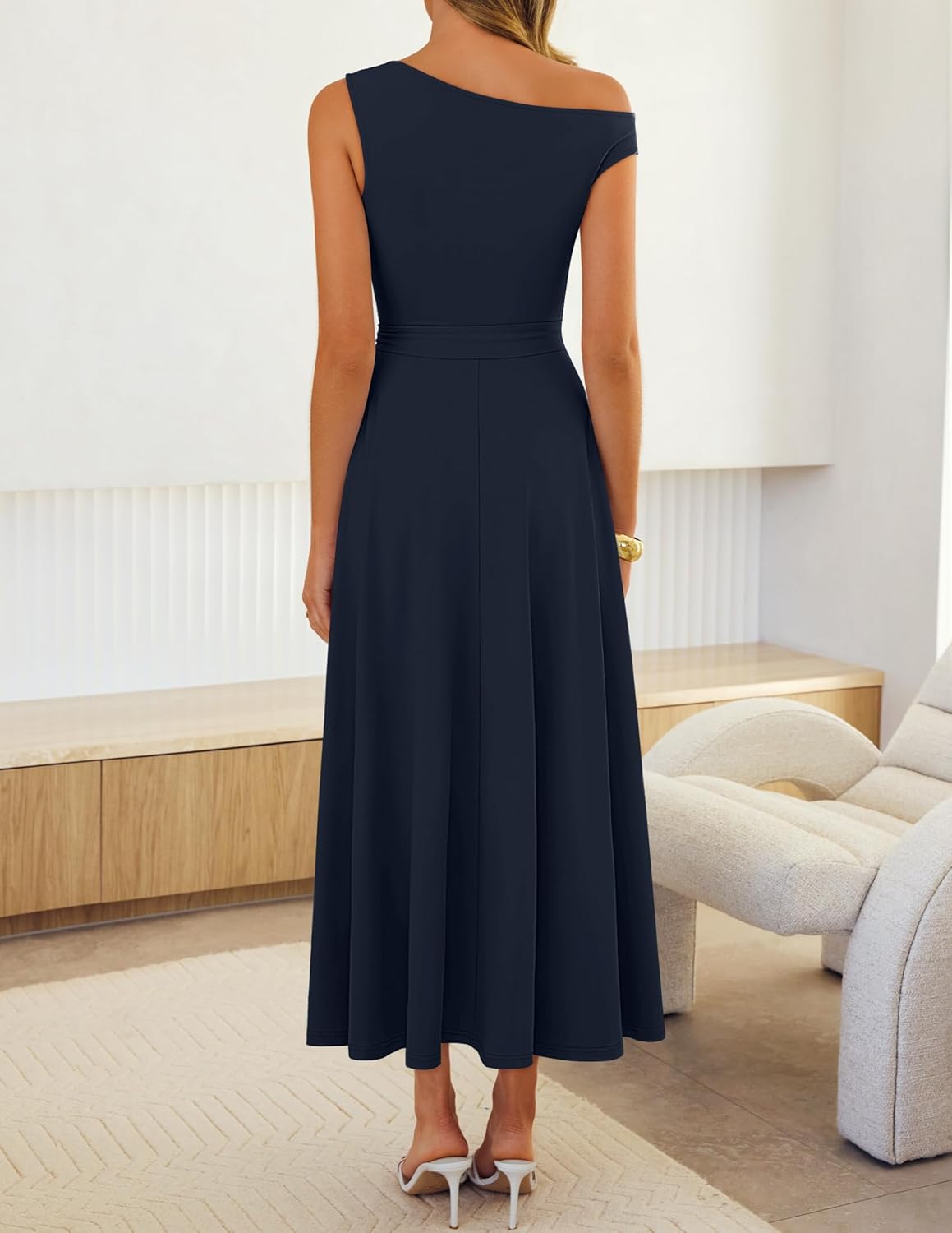 ZESICA Womens Summer One Shoulder Cocktail Maxi Dress 2026 Formal Sleeveless Flowy Wedding Guest Party Dresses with Belt - Image 3