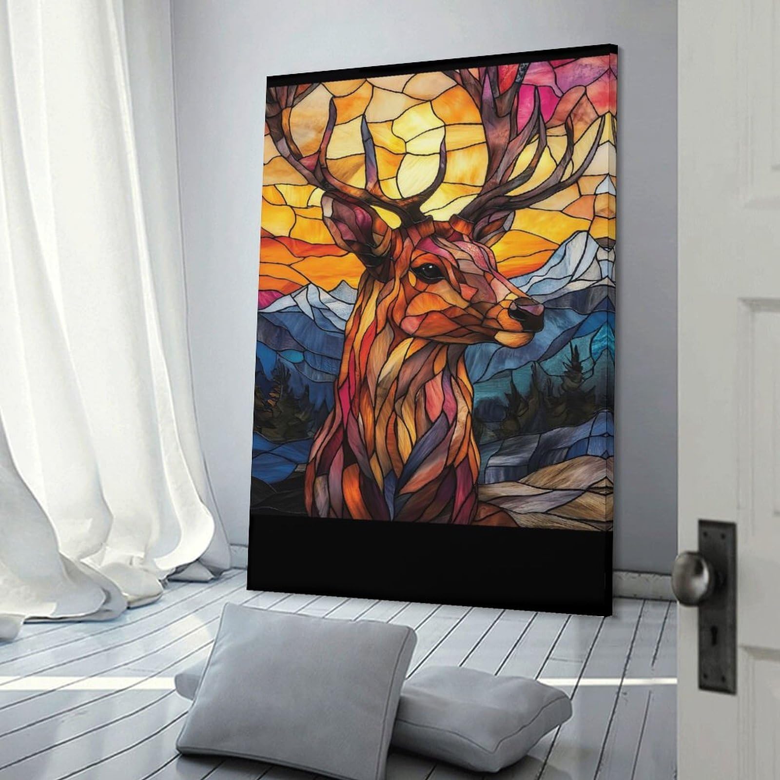 Junmoney Frame-Stained Glass Deer Wall Decor Canvas Print Stained Glass Deer, 20X30inch(50X75cm), For Bedroom, Lounge Or Dressing Area, Stylish Decor For A Restful Room Update
