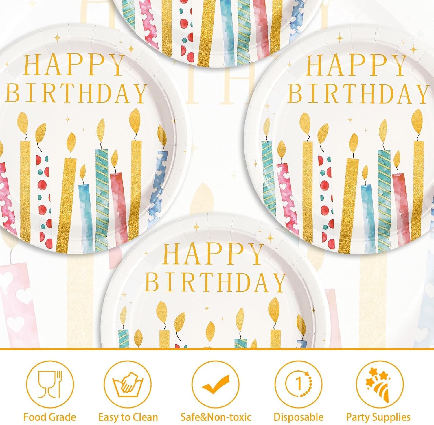50 Pcs Candles Happy Birthday Party Decorations 10" Large Rainbow Color Bday Plates Disposable Heavy Duty Dessert Plates for Boys Girls Kids Birthday Colorful Candles Bday Party Supplies