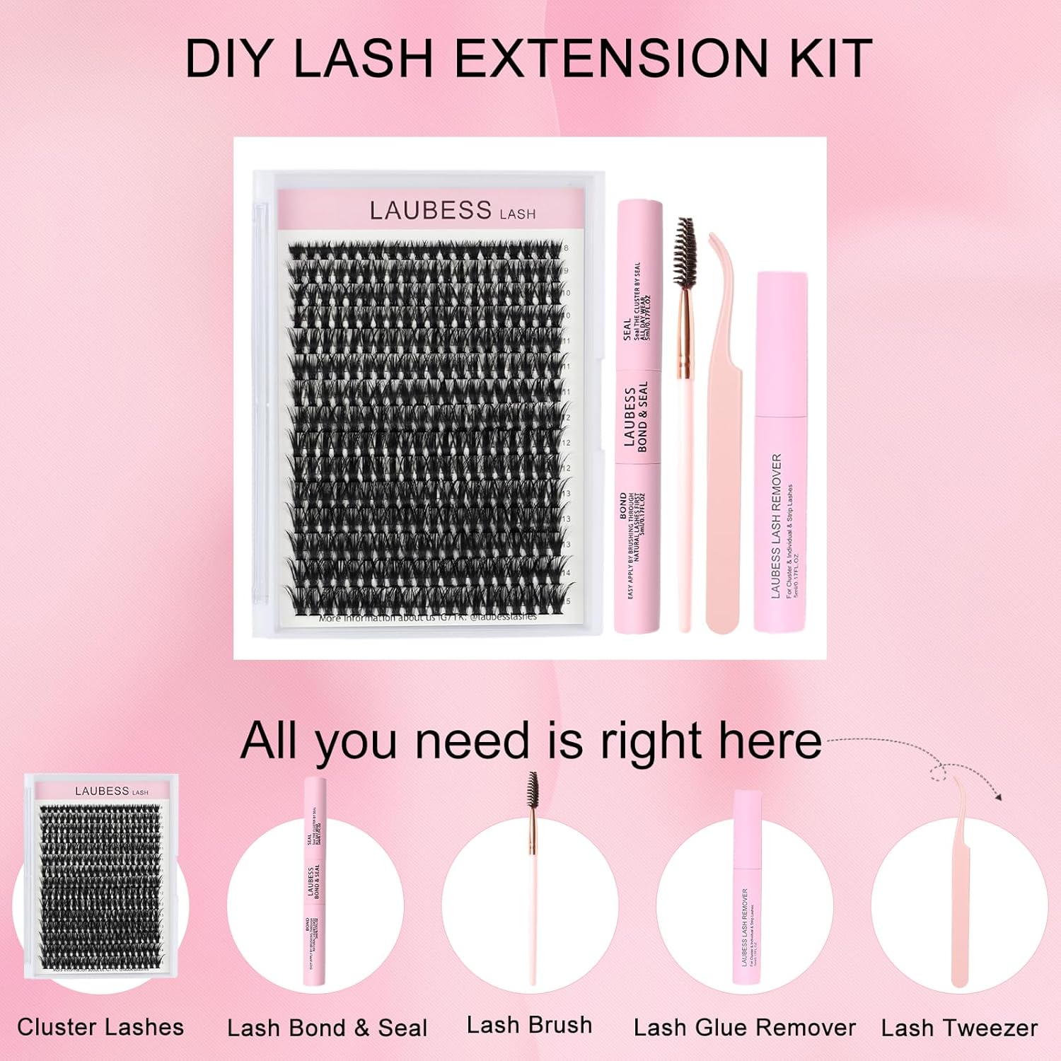 DIY Lash Extension Kit Bond and Seal Lash Glue Remover 300 Pcs 50D Lash Clusters Kit Mascara Wands Eyelash Extension Kit Eyelash Tweezers Individual Lashes Kit (Set 50D-0.07C-8-18Mix)