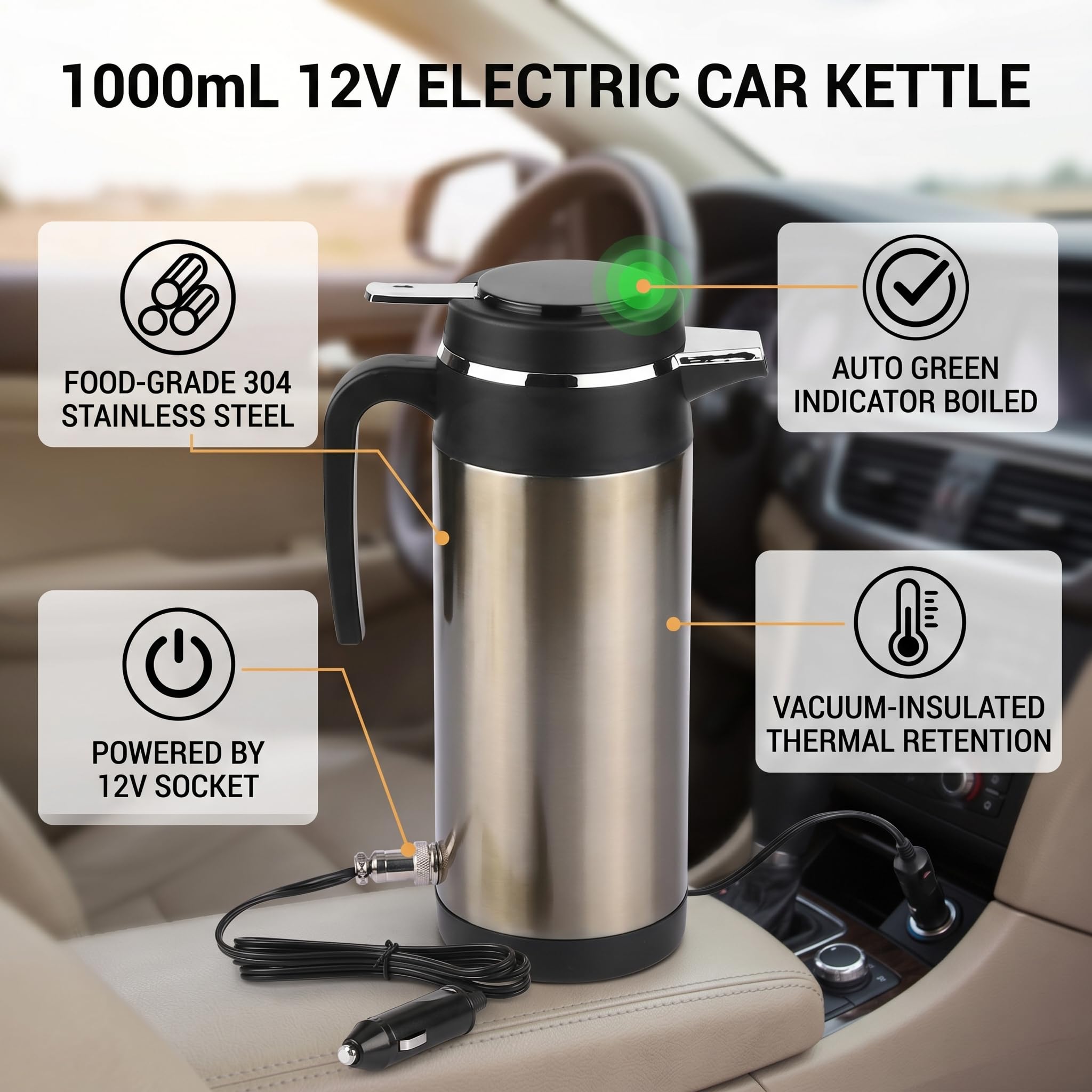 Haofy Hervidor Eléctrico para Automóvil, 1200 Ml, 12 V / 24 V, Hervidor Eléctrico Portátil de Acero Inoxidable para Automóvil, Termos de Viaje, Botella de Agua para Calentar Agua Caliente, Café,(12V)