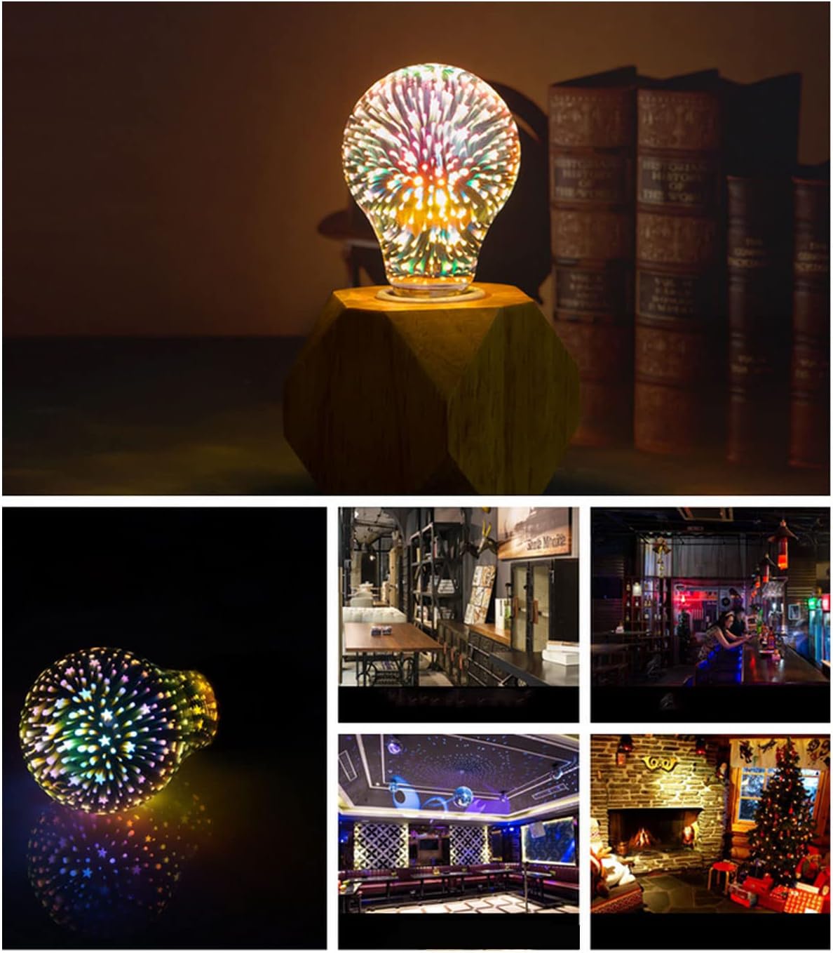 A19 3D Firework LED Light Bulbs 4.5W Equivalent 45W (4-Pack) E26/E27 LED Decorative Bulb, Warm White 2200K, 85-265V Stained Glass Decoration Light for Holiday Decoration, Party, Bar, KTVs