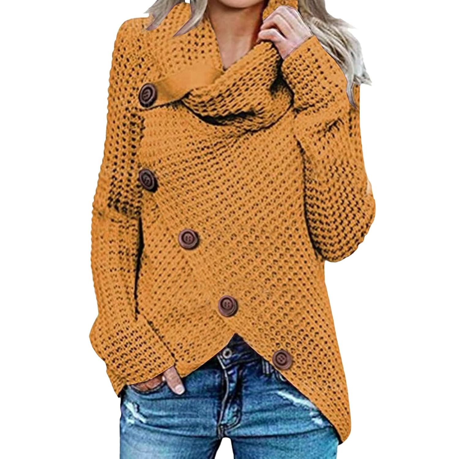 Womens Fall Chunky Turtleneck Asymmetric Hem Sweaters Long Sleeve Loose Cable Knit Button Up Pullover Tops Fashion