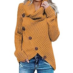 Womens Fall Chunky Turtleneck Asymmetric Hem Sweaters Long Sleeve Loose Cable Knit Button Up Pullover Tops Fashion