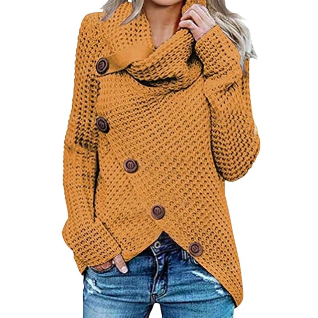 Womens Fall Chunky Turtleneck Asymmetric Hem Sweaters Long Sleeve Loose Cable Knit Button Up Pullover Tops Fashion