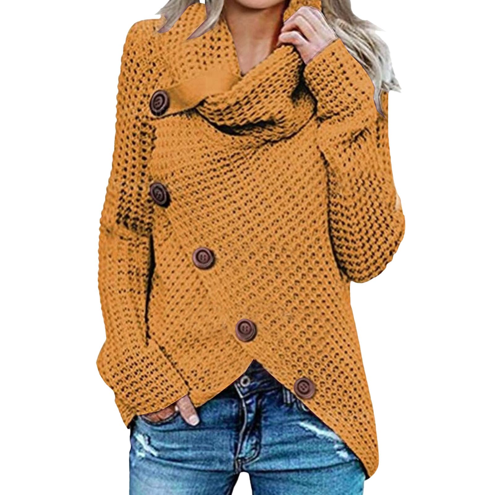 Womens Fall Chunky Turtleneck Asymmetric Hem Sweaters Long Sleeve Loose Cable Knit Button Up Pullover Tops Fashion