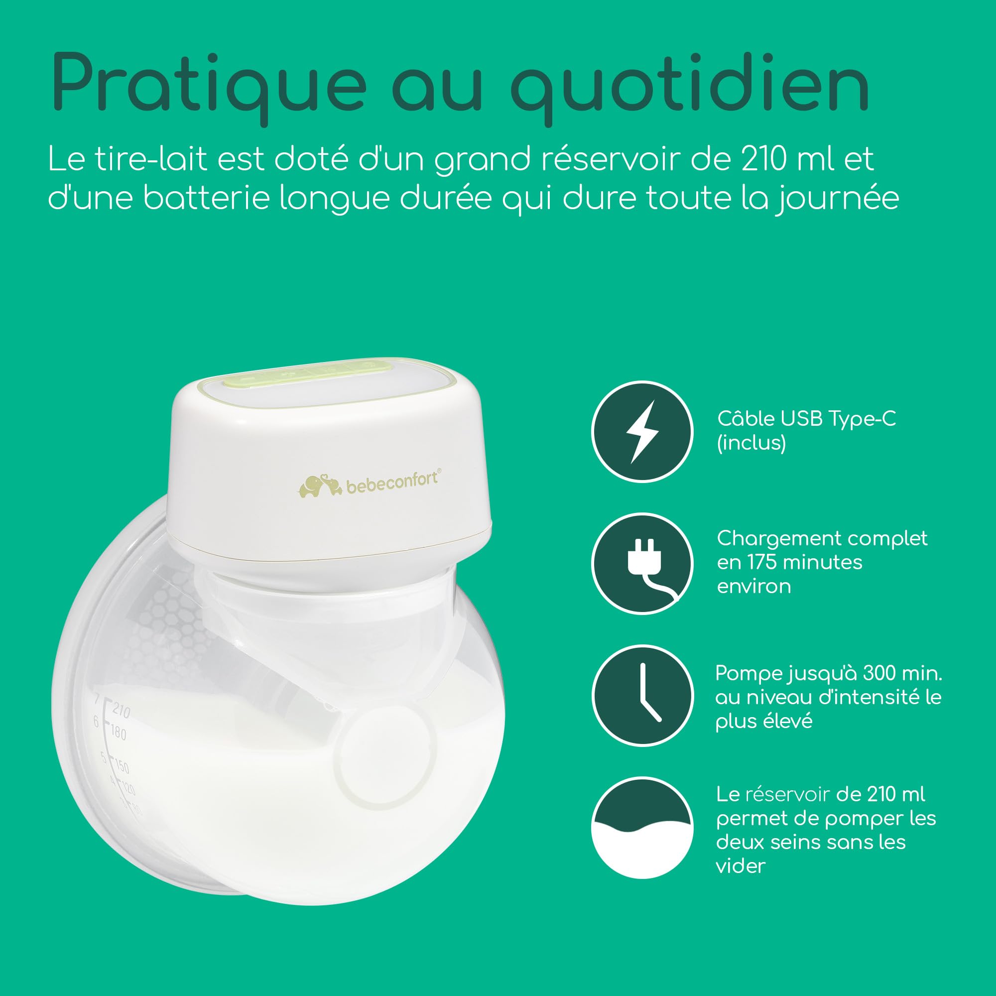 Bebeconfort Discreet Tire lait electrique main libre, Tire-lait nomade, expression silencieuse (51 db), 3 modes d'expression, 15 réglages d'intensité, batterie longue durée, grand conteneur de 210ml