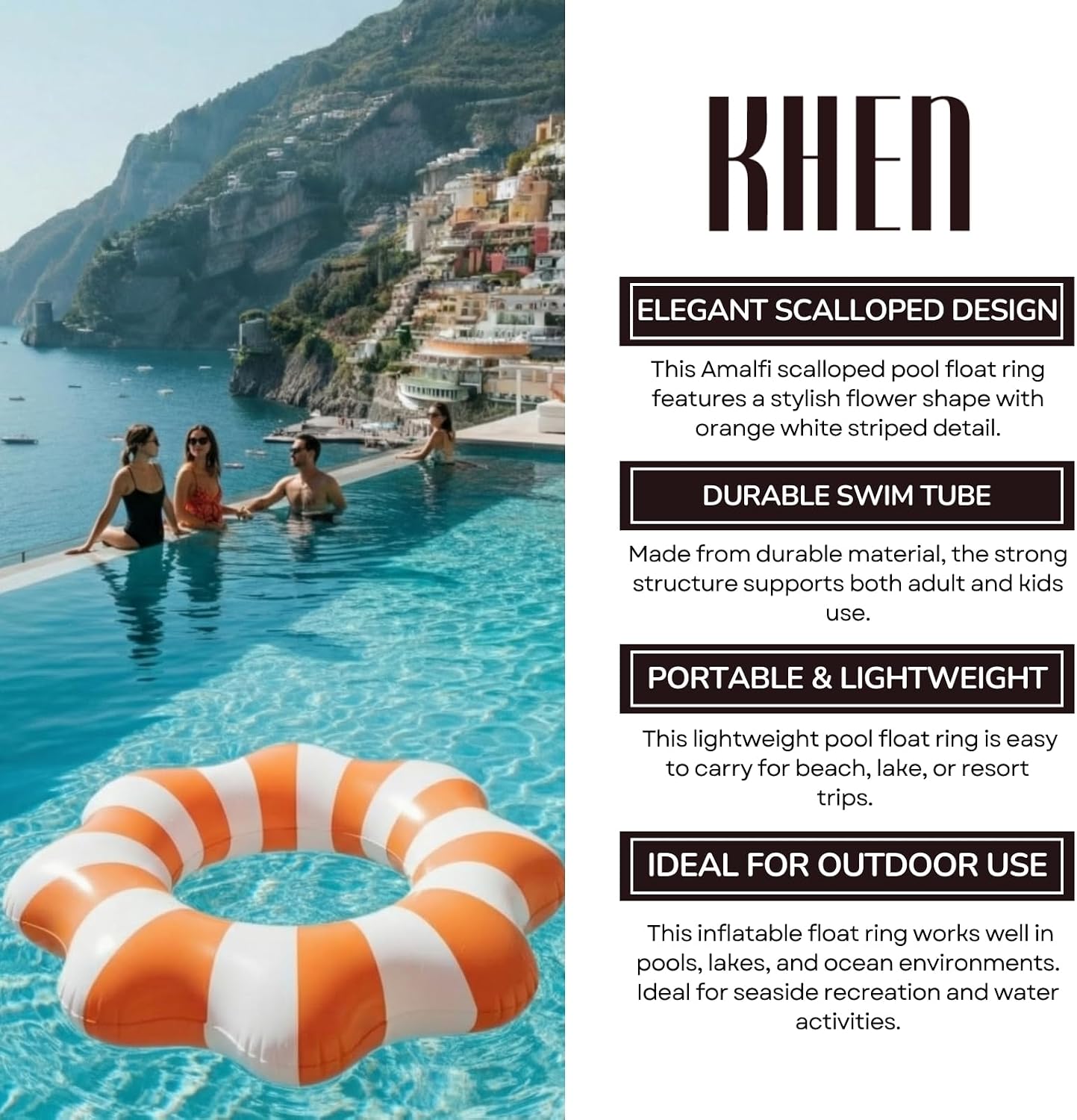 Khen Amalfi Scalloped Pool Float Ring, 1 Piece, Inflatable Swim Tube Durable Circular Water Buoy Support for Adult Kids, Beach Lake Ocean Swimming Lounge Summer Vacation Seaside Resort