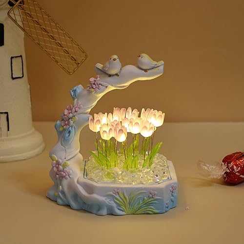 Lámpara de mesa de tulipán hecha a mano, decoración de flores de simulación para dormitorio, lámpara de mesa para dormir, niños, niñas, parejas,