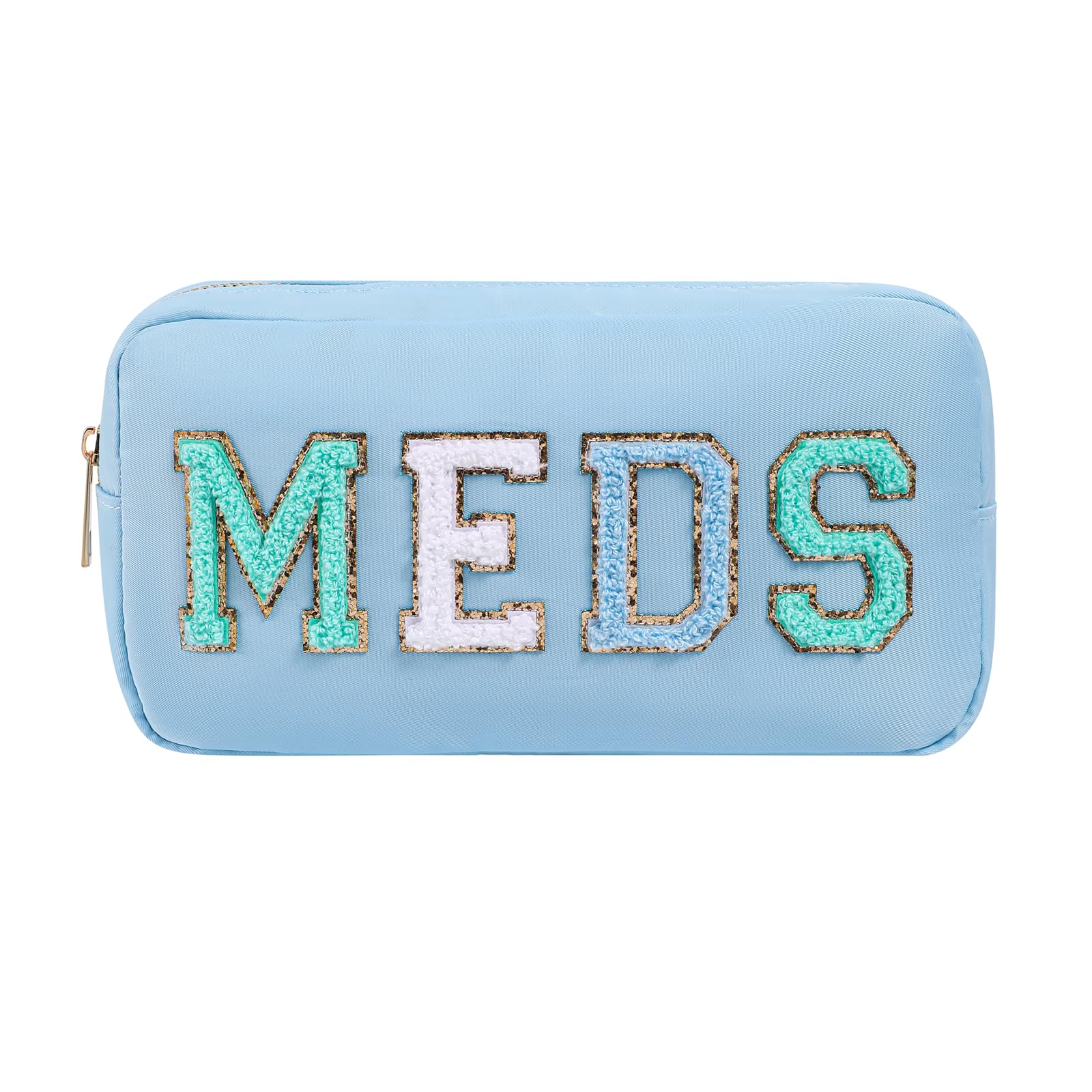 Personalized Chenille Letter Patch MEDS Bag,Cute Nylon Drug Medicine Travel Makeup Bag with Zipper, Preppy Vitamin Organizer Bag for Women and Girls (