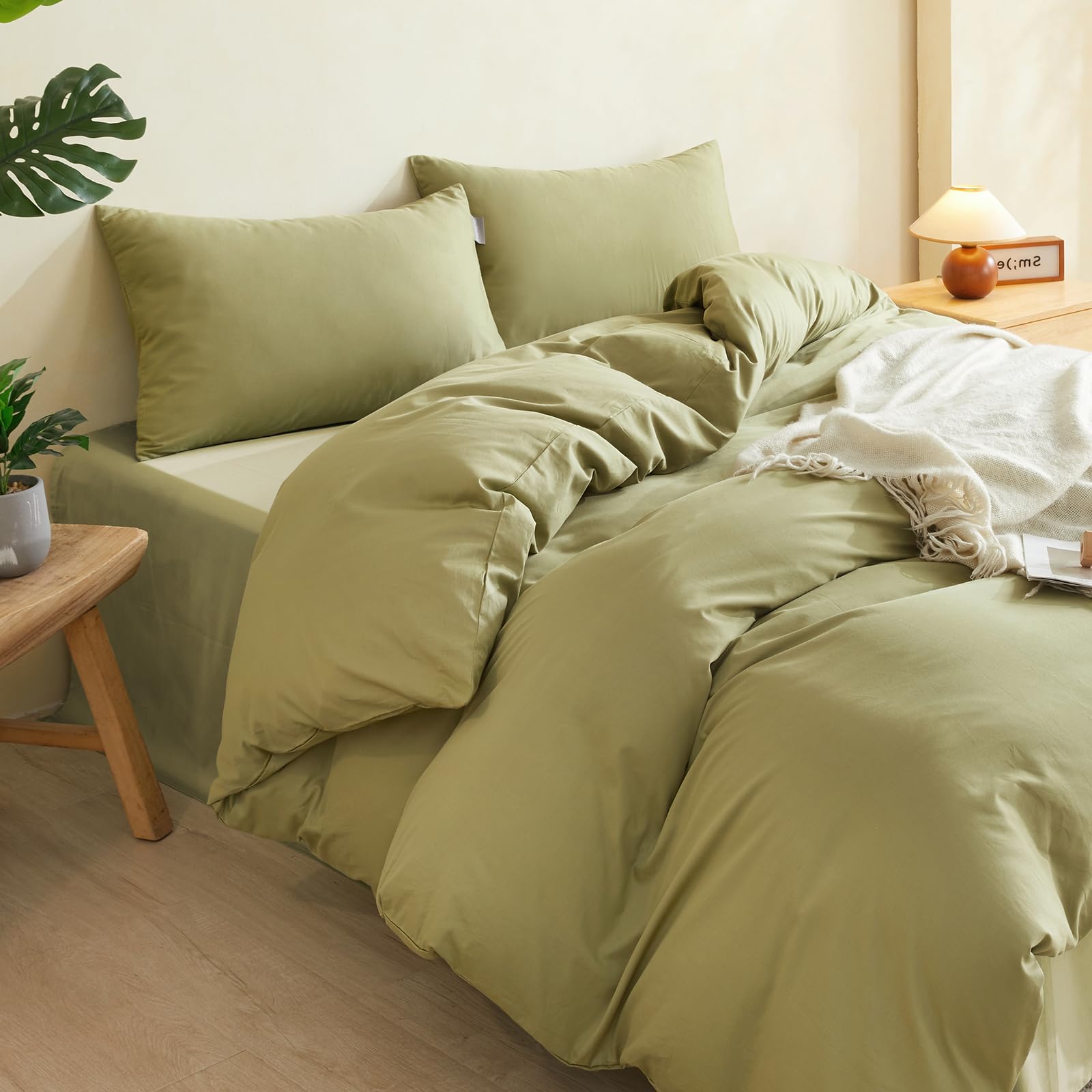 SAPHREAS Olive Green Duvet Cover Set 100% Cotton King Size 3Pcs Simple style Plain Bedding Soft Comforter Cover Set 1 Duvet Cover with Zipper 2 Pillow Shams, Comforter Not Included — image 1