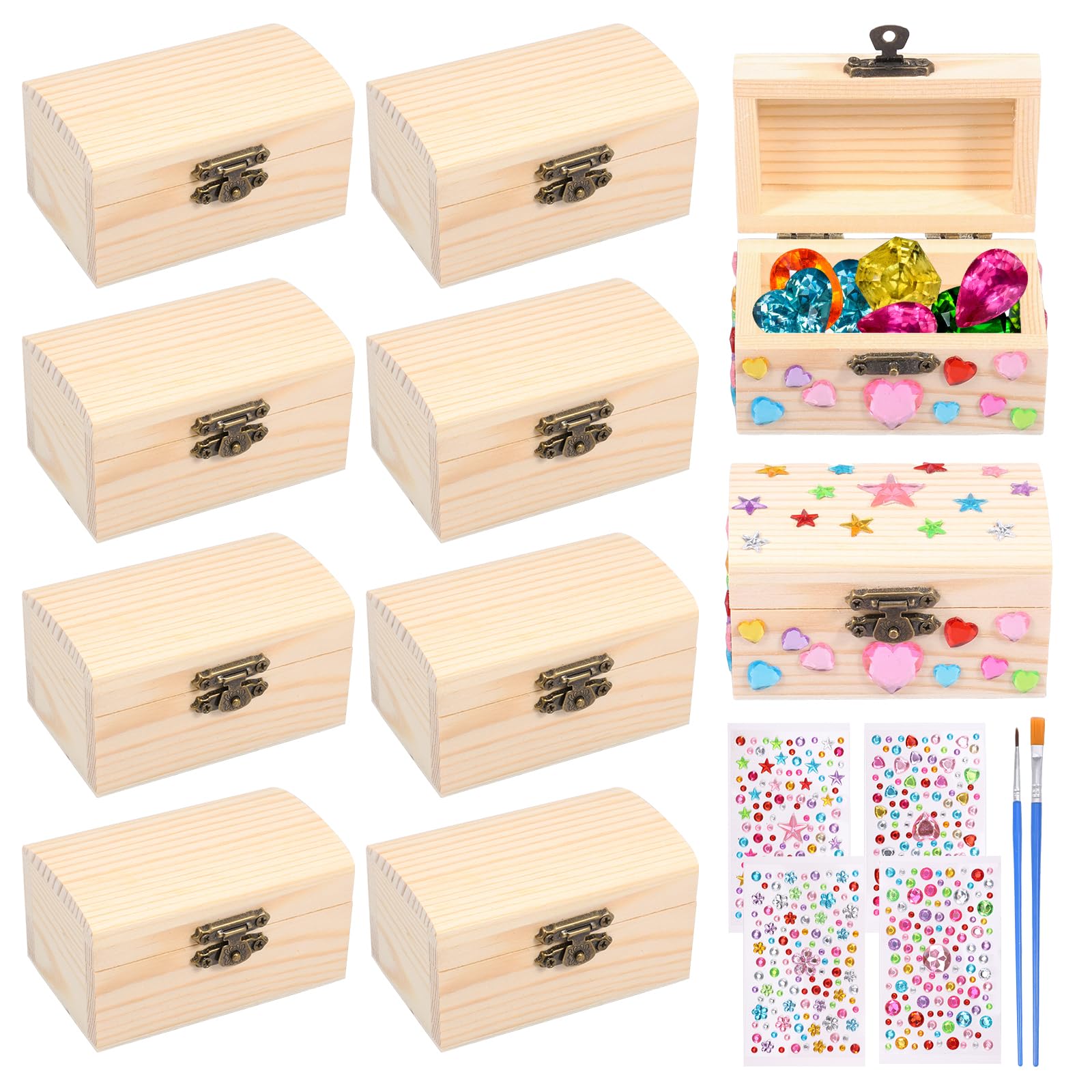 Anihet 10 Pcs Small Wooden Treasure Chest Unfinished Wooden Treasure Boxes with Lid Locking Clasp Small Blank Craft Box for DIY Craftwork Jewelry Storage and Party Favor (9×5.5×5cm) (Style 2)