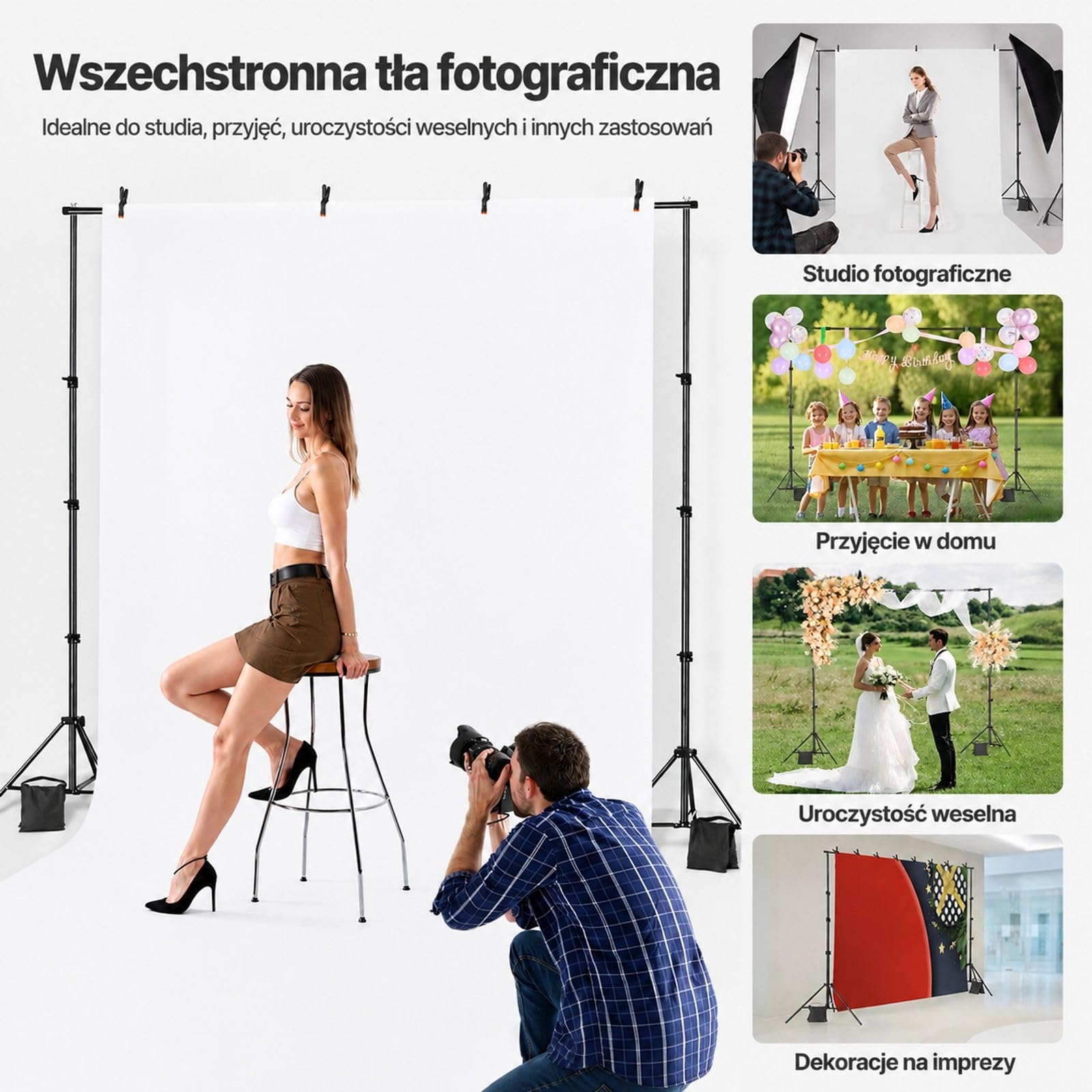 Regulowany system tła do studia fotograficznego, baner i tkanina