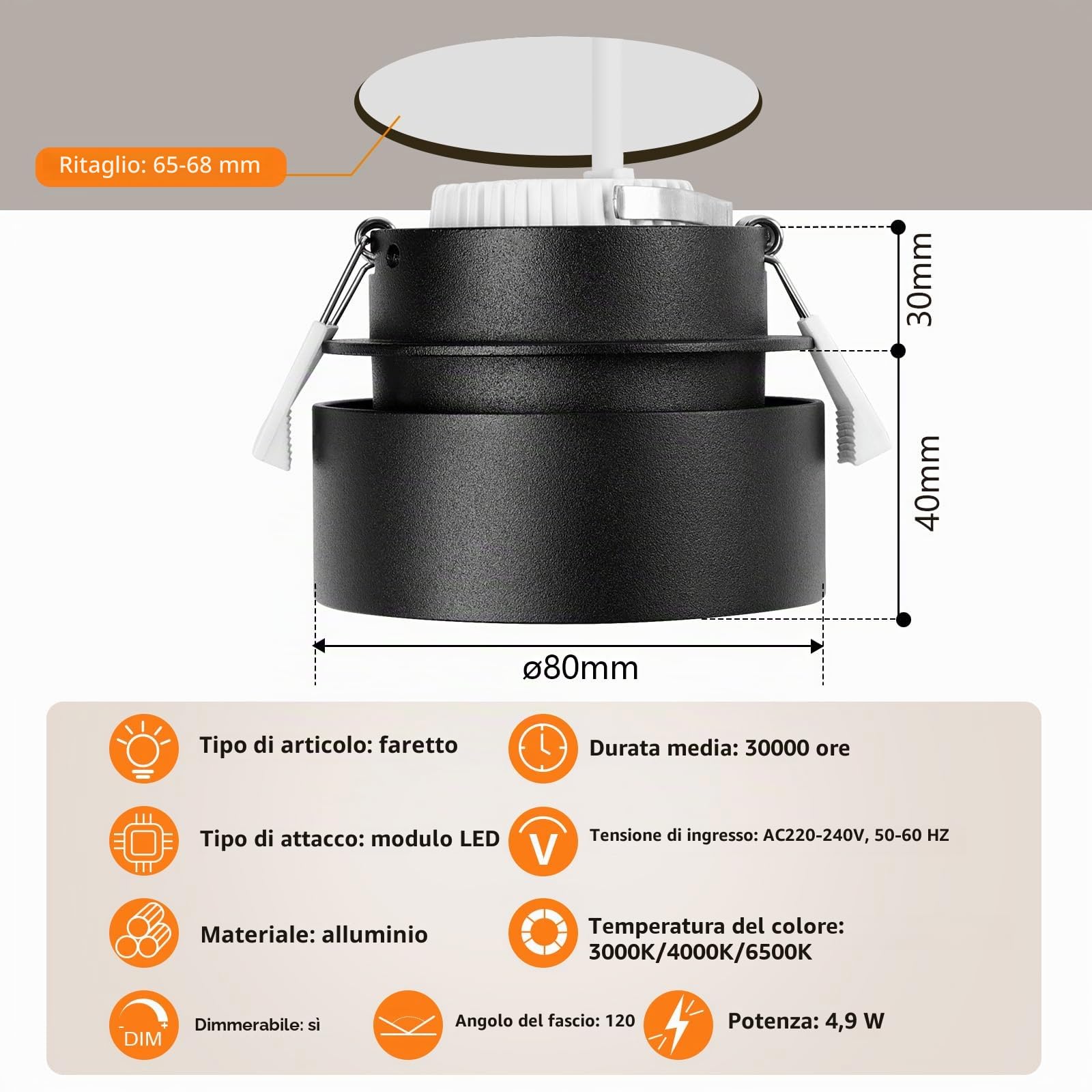 KYOTECH Faretti led Soffitto Moduli LED Sostituibili,Faretto Led Interno Dimmerabile,Regolabile 3000K/4000K/6500K,Faretti Led da Incasso per Cartongesso, 4.9W 500LM,Diametro Foro 65-68mm Set di 4