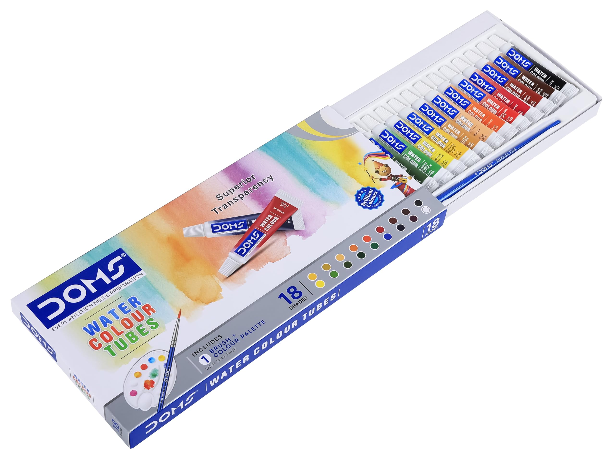 Doms Water Colour Tubes 18 Shades| Includes 1 Brush + 1 Colour Palette| Superior Transparency| Brilliant Colours