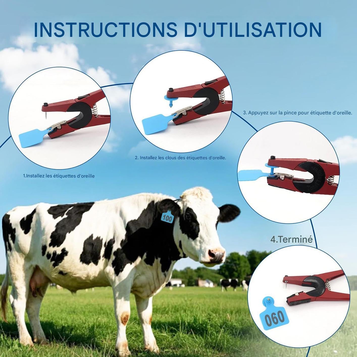Boucles Auriculaires Pour Bovins | Étiquettes de pour Moutons - Étiquettes Numérotées 001-100 avec Applicateur pour Gestion d'Élevage Bovins Ovins Caprins