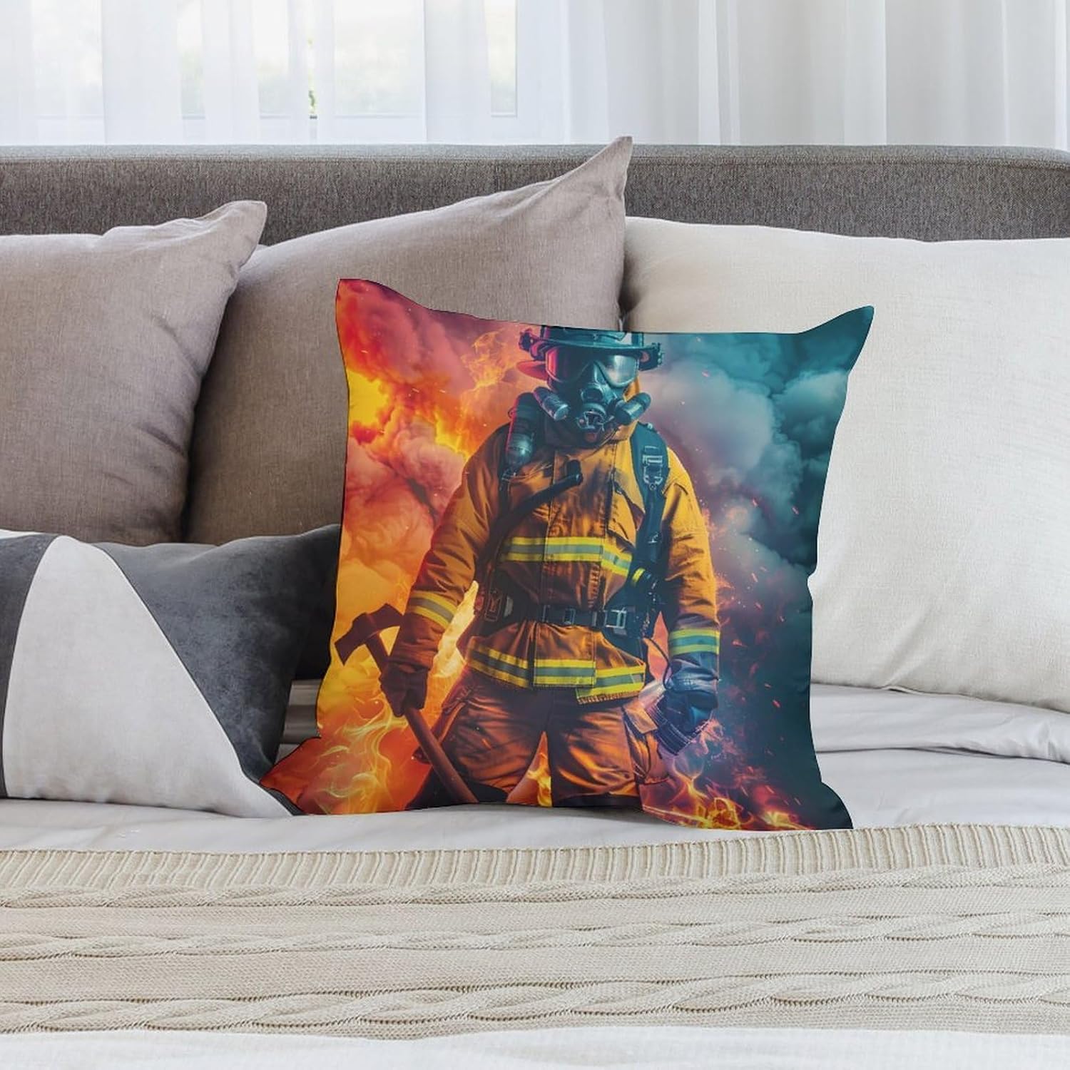 Firefighter Printed Throw Pillow Case 4 Pcs Soft Pillowcases Pillows Covers Sofa Bed Decor 12/14/16/17/18/20/22/24/32 Inches