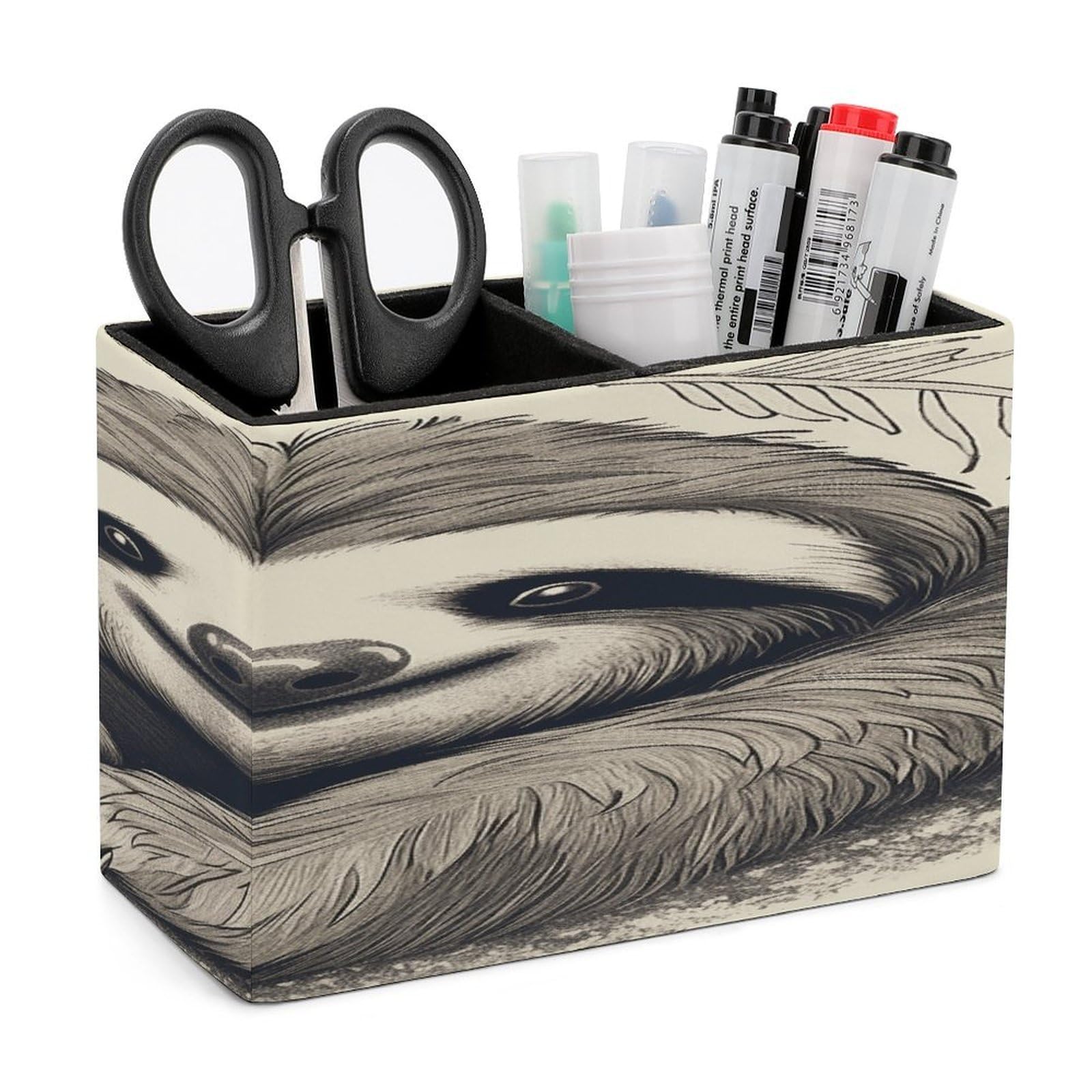 VstaDank Sloth My Spirit Animal Pencil Holder for Desk Organizer 2 Compartments Pen Cup Leather Square Pen Holder Pencil Cup Stand Makeup Brush Holders for Desktop Organizer Storage Case
