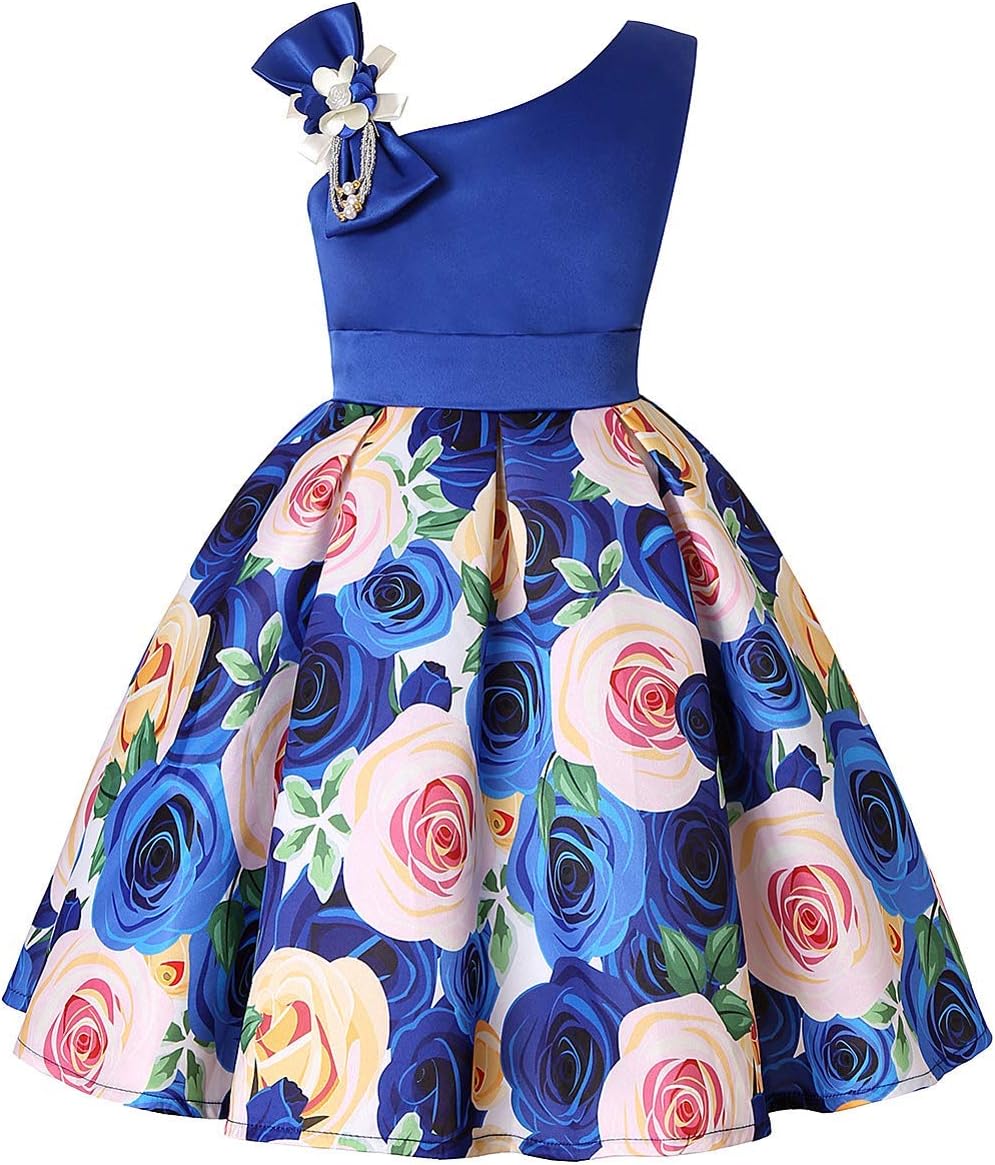 2-9T Girls Kids Striped Floral Ruffles Flower Dress Ball Gown Party Formal Dresses
