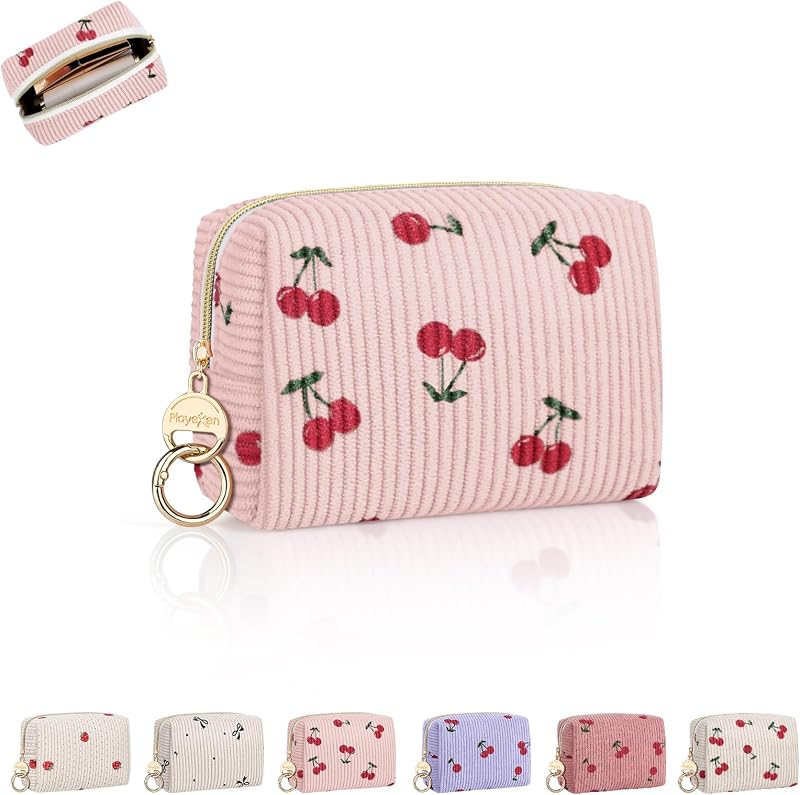 Necessaire de maquiagem pequena Playexen em veludo cotelê, Cherry-Light Pink, com zíper