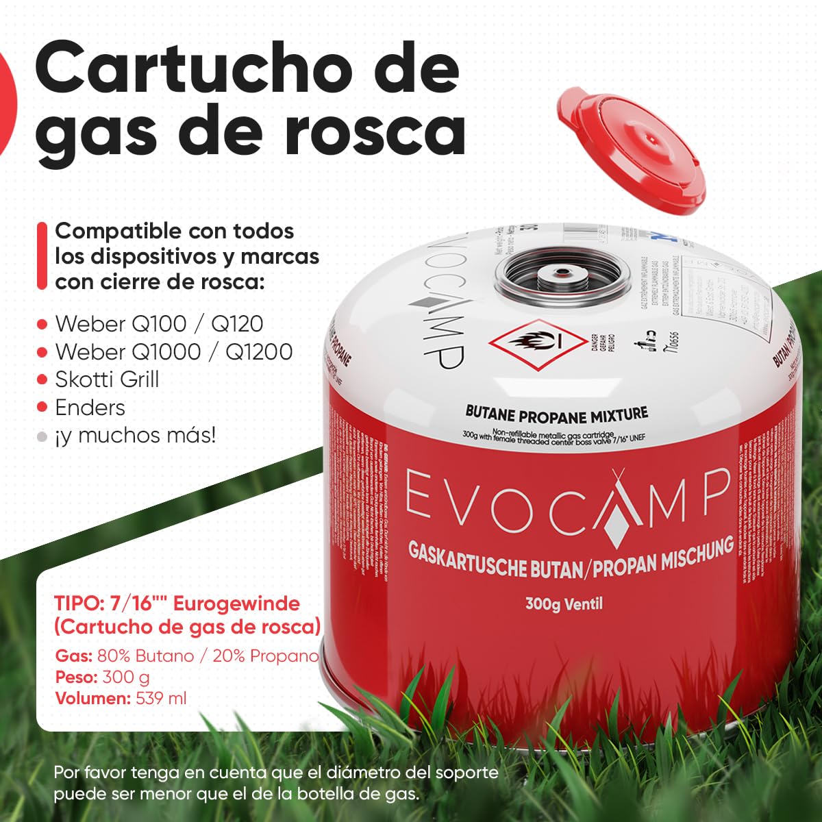 EVOCAMP cartuchos de gas Propano Butano 300g, válvula de rosca Eurogewinde 7/16", cartuchos de válvula 539ml con cierre de seguridad automático (6X)
