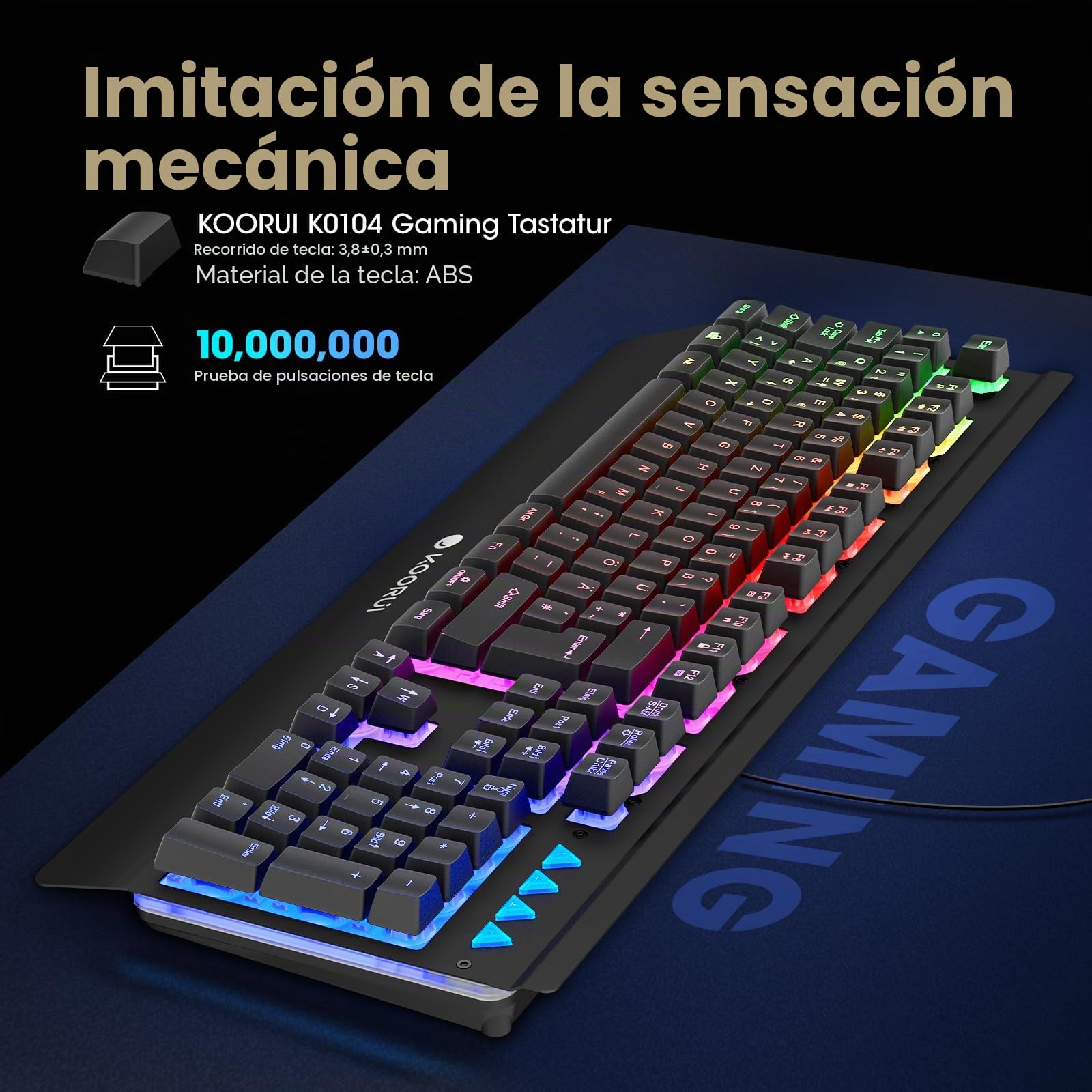 KOORUI Teclado para Videojuegos, diseño alemán QWERTZ con reposamuñecas, protección Fantasma, Cable USB, 12 Teclas Multimedia para Windows, MacOS Linux, Color Negro