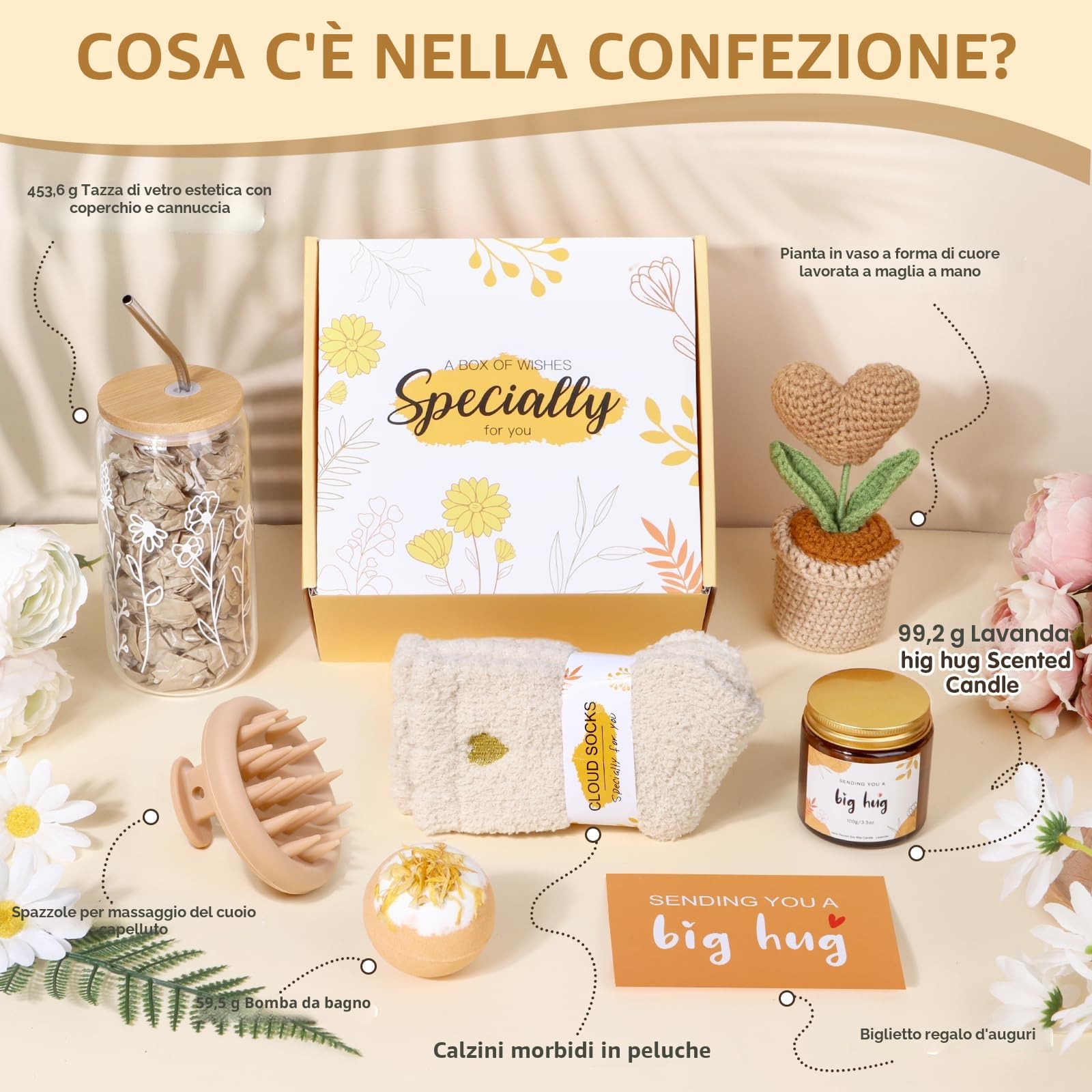 “Hug” Regalo Donna, buoni regali di miglioramento, regalo di compleanno positivo per donne, set regalo di rilassamento per migliore amica, sorella, collegina, Get well soon gift
