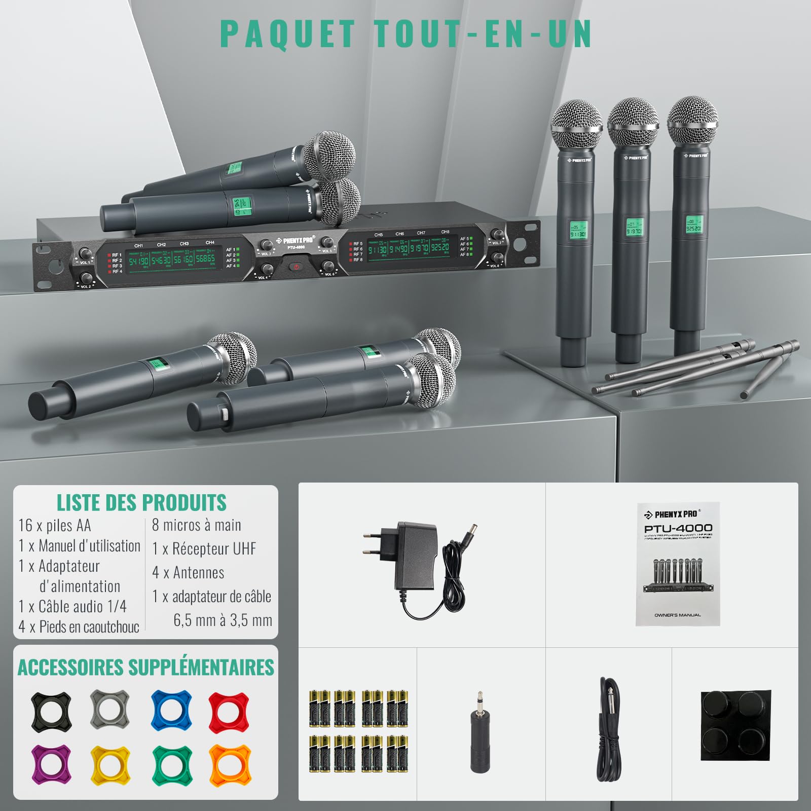 Phenyx Pro Système de Microphones sans Fil UHF 4 Canaux PTU-4000-8H