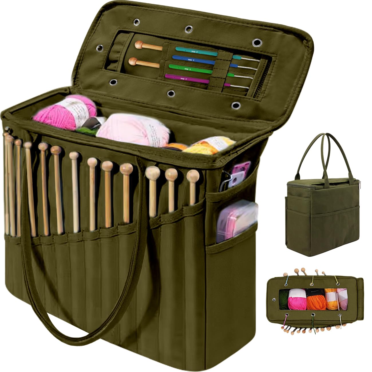 EHERDM Crochet Storage Bag Large Capacity Yarn Organizer Crocheting Supplies Holder Portable Handheld Knitting Tote for Travel Gift for DIY Craft Lovers Army Green