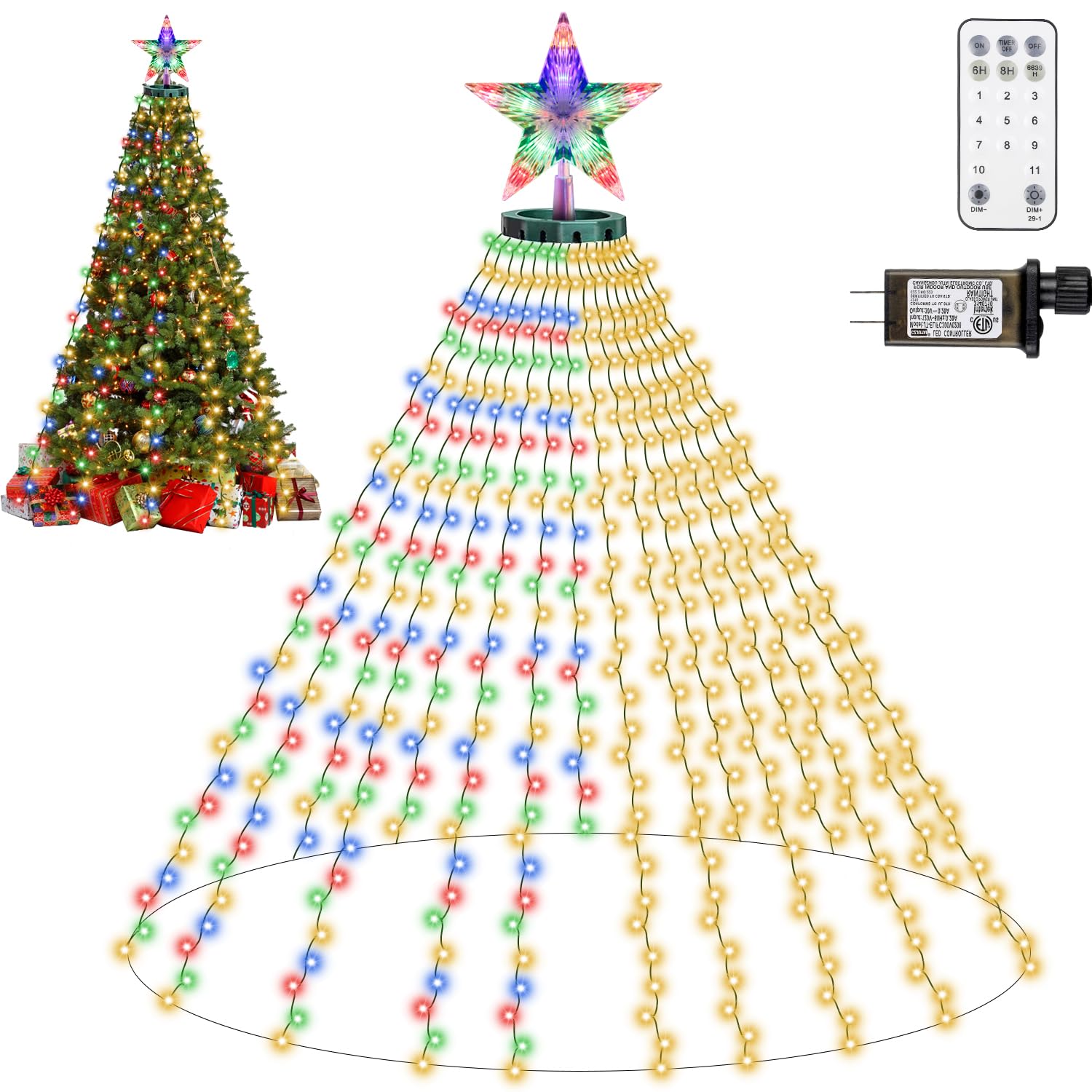 Christmas Tree Lights with Star Topper, 410LED Christmas String Lights with Ring for Tree, 6.6FT x 16 Lines Fairy Lights with 11 Modes for Indoor Outdoor Xmas Tree Decor, Warm White & Multi-Colored
