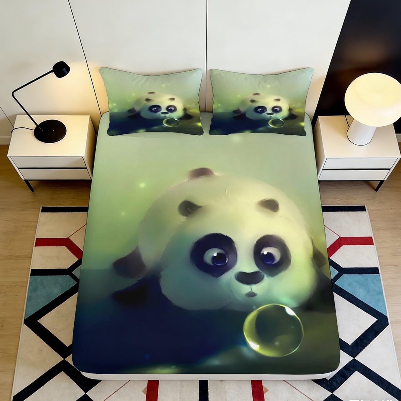 3D Printed Cute Panda Fitted Sheet Microfiber Soft Breathable Cartoon Bed Cover for Bedroom Dormitory Guest Room Mattress Protection Decor 180x200x25cm