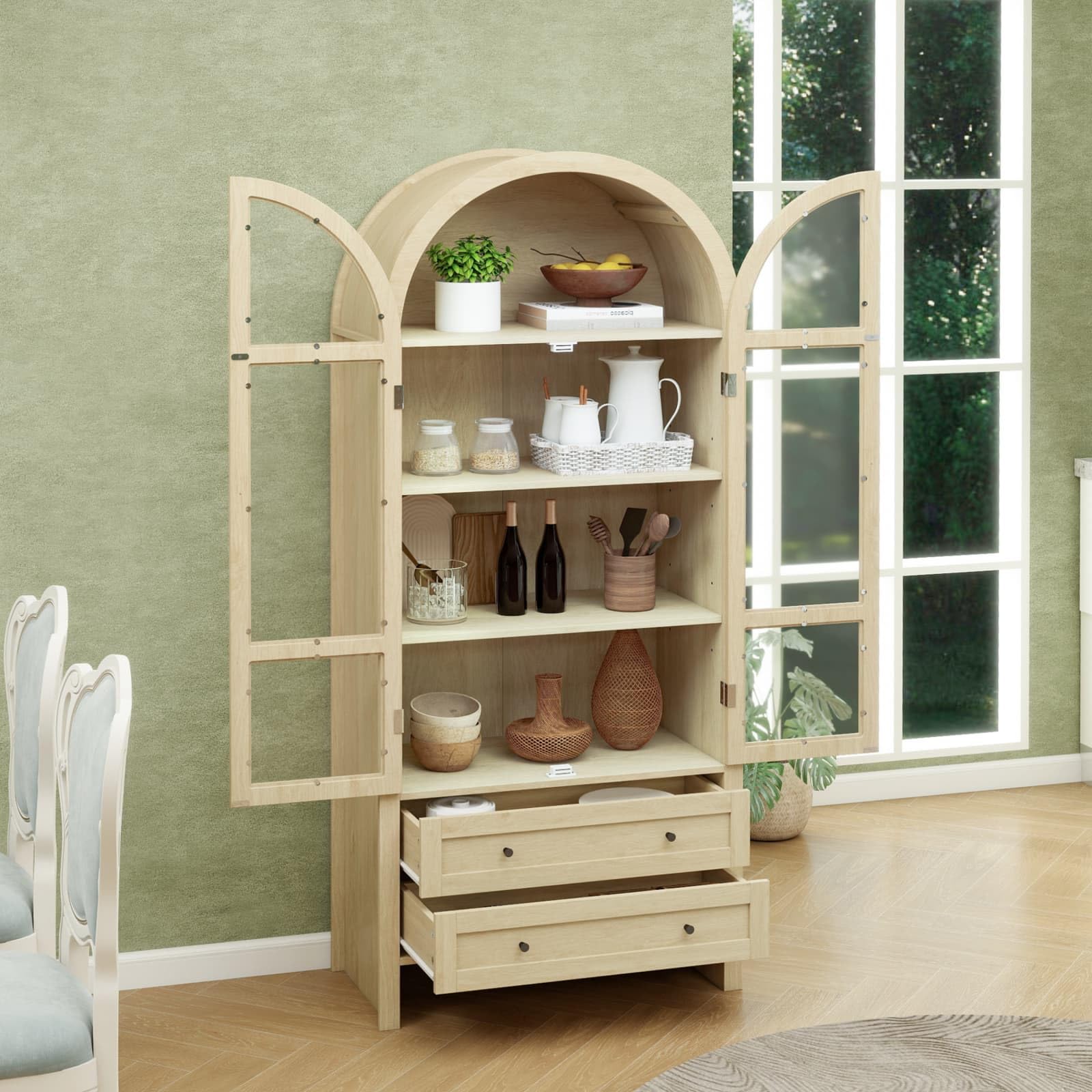 PugSDRLY - Aparador alto con 2 puertas de cristal y cajones, vitrina, arco, mueble de cocina, almacenamiento, armario de madera, 79 x 39,5 x