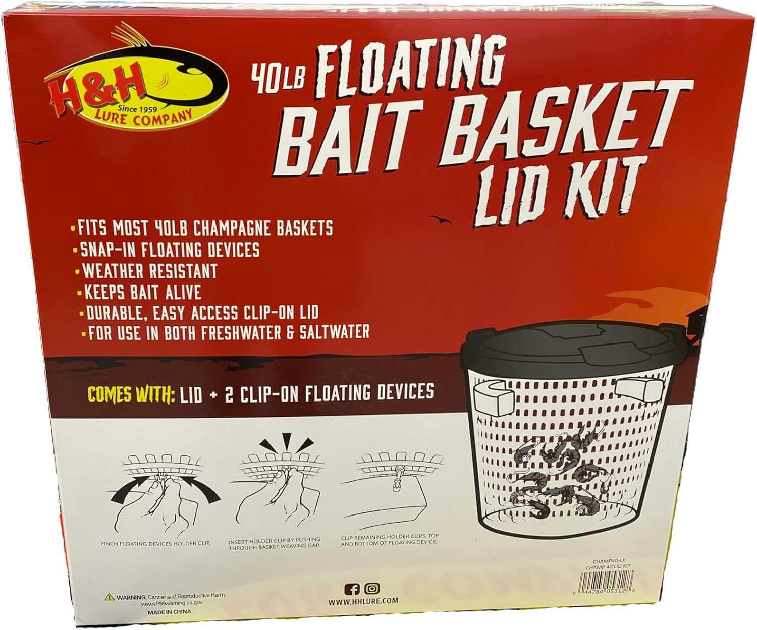 H&H Lure Fishing Live Bait Basket for Keeping Bait Alive 20lb, 40lb with Durable, Easy Access Clip-On Floating Lid Kit