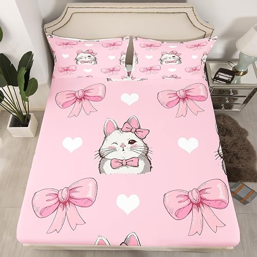 Cartoon Rabbit Fitted Sheet Queen Size Pink Girly Bowknot Bedding Set for Kids G