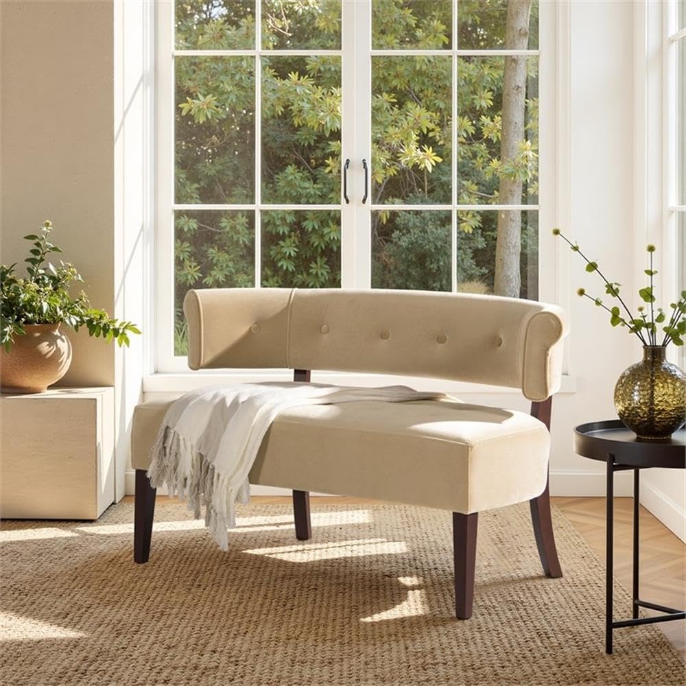 Pemberly Row Roll Arm Tufted Bench Settee, 51" W x 24" D x 29" H, Fawn Brown Performance Velvet, Split Back Design, Mid-Century Modern Accent Seating for Bedroom, Living Room, or Dining Nook