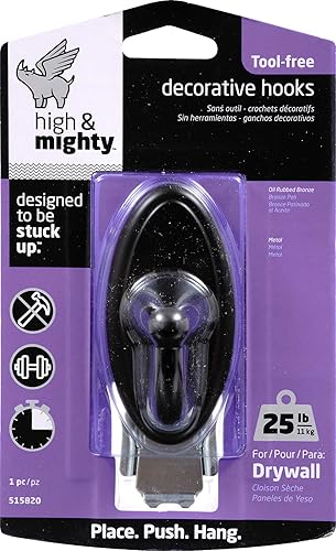 Miniatura 8 de HIGH & MIGHTY 515819 Gancho decorativo de metal, fácil instalación en pared seca sin herramientas, ovalado, soporta hasta 25 libras, níquel satinado