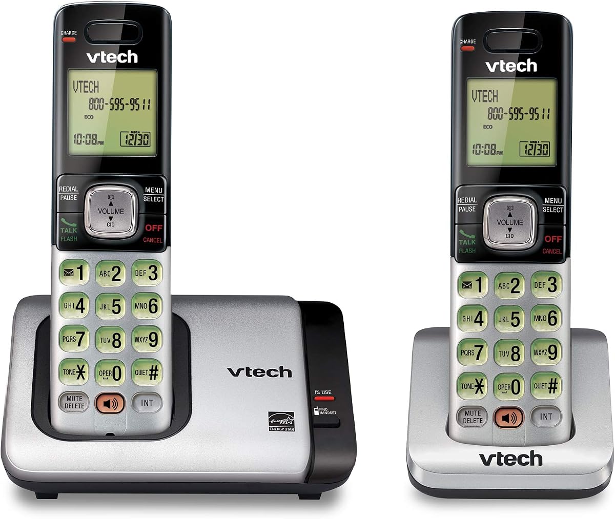 VTech CS6719-2 Teléfono inalámbrico de 2 auriculares con identificador de llamadas/llamada en espera, intercomunicador y pantalla/teclado retroiluminado, plateado