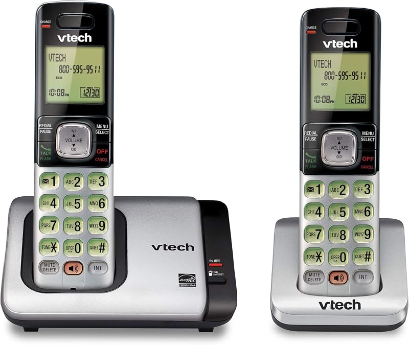 VTech CS6719-2 Teléfono inalámbrico de 2 auriculares con identificador de llamadas/llamada en espera, intercomunicador y pantalla/teclado retroiluminado, plateado