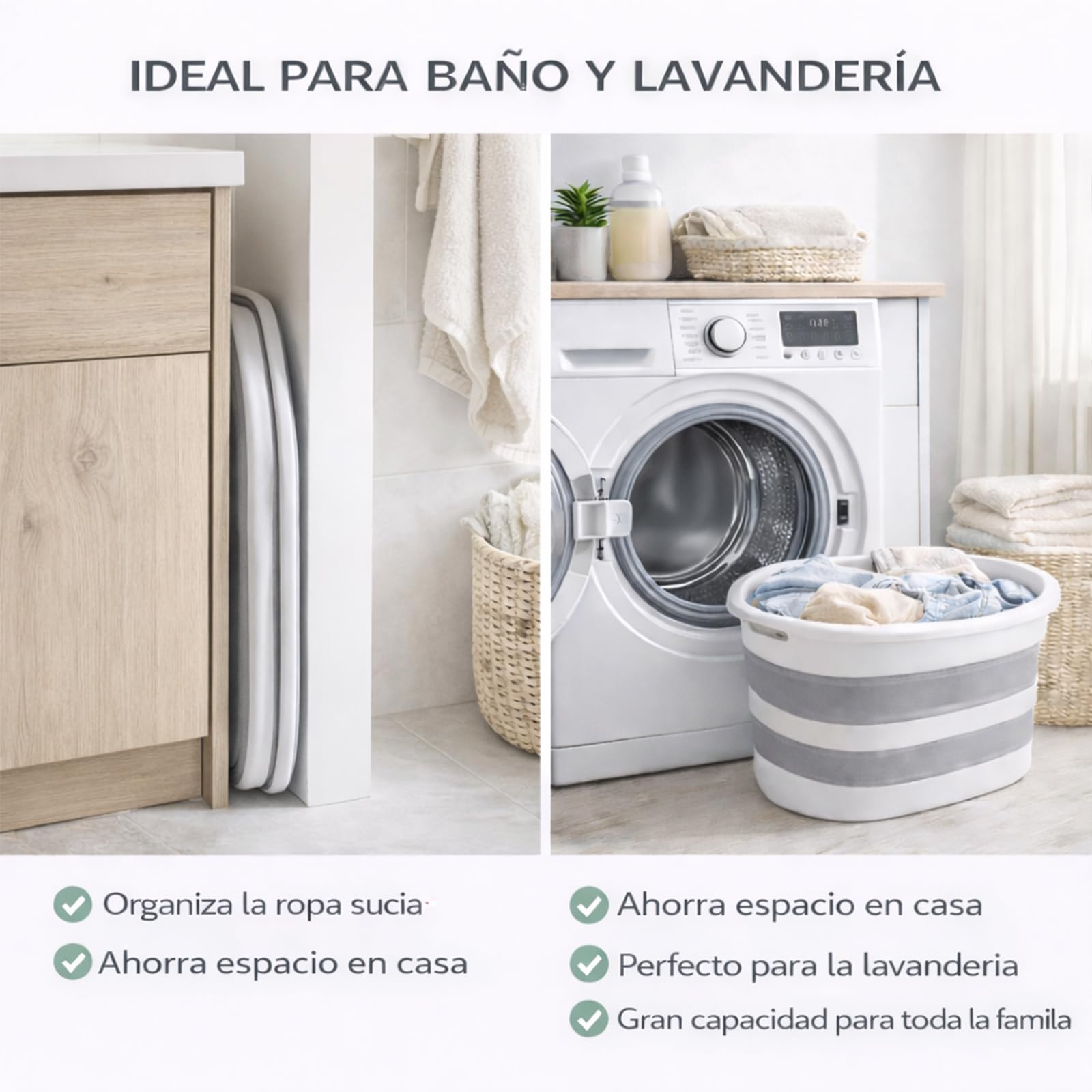 ForenTex Cesta Ropa Sucia Plegable 36L con 2 Bolsas de Lavado, Cesto Ropa Sucia Plástico TPR+PP Resistente, Barreño Colada Plegable Ahorra Espacio para Baño, Lavandería y Dormitorio, Gris y Blanco — view 6