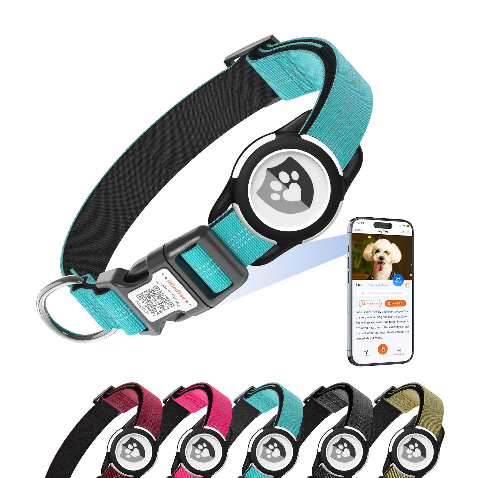 ilFindYou Reflective Dog Collar with AirTag Holder for Puppy Soft Nylon Blue Sized XS