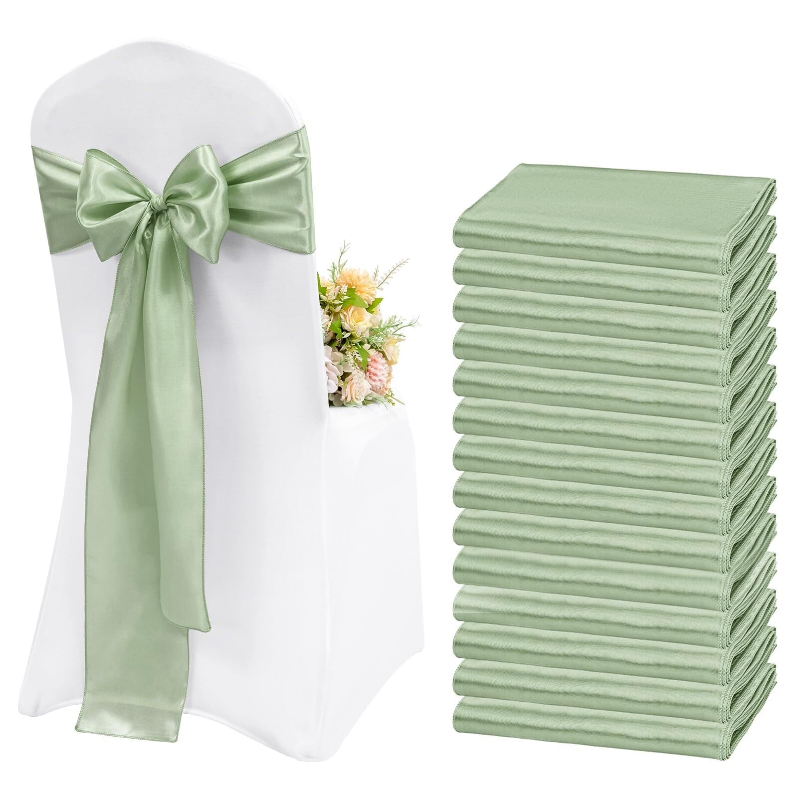 AJMDGW 60 Pieces Satin Chair Sashes Sage Green Satin Chair Sashes Chair Sashes Chair Sashes Chair Decorative for Wedding Reception Party Hotel Home Kitchen Decoration(Sage Green,108 inch)