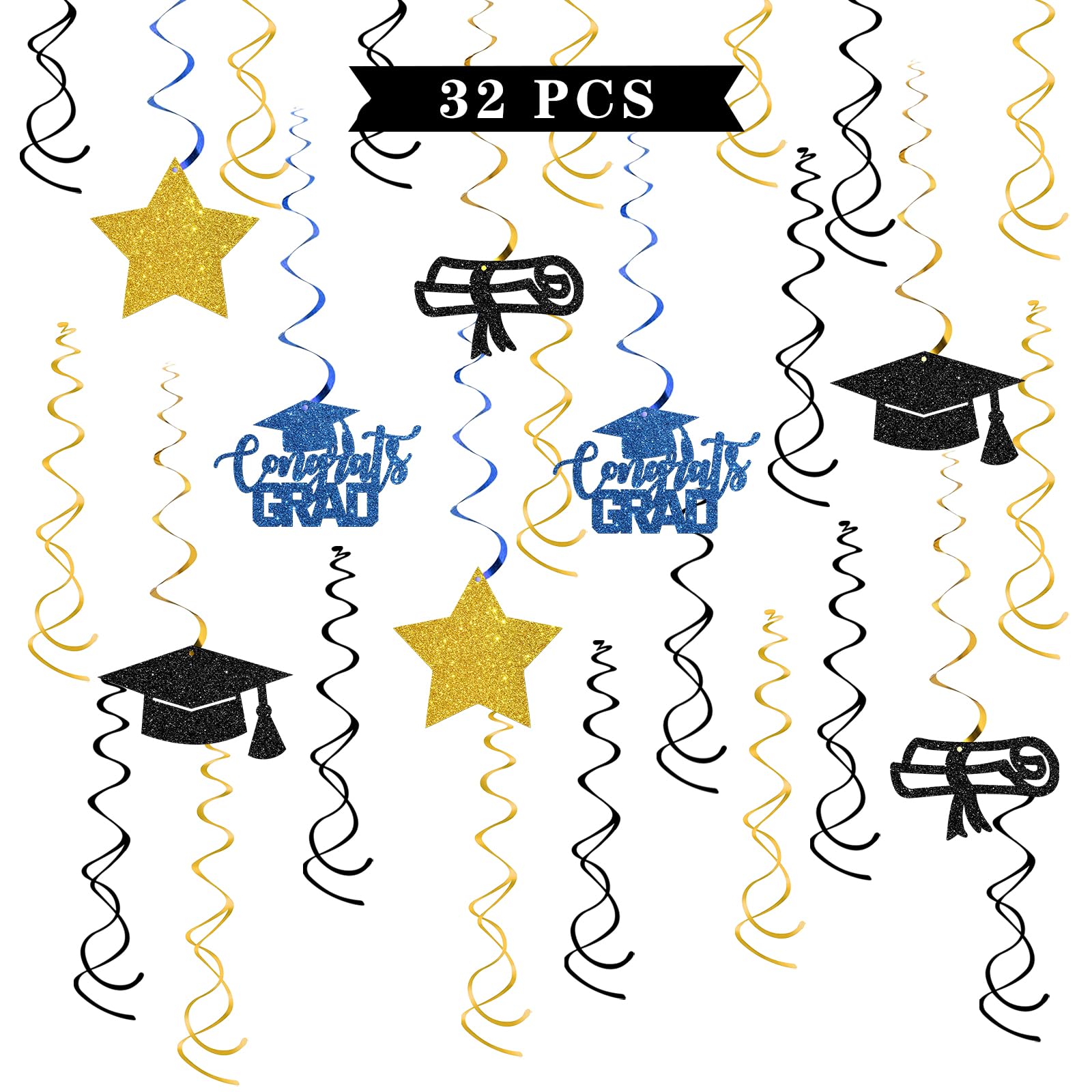 Graduation Hanging Swirl Decorations - 32 Pcs Congrats Grad Party Supplies - Class of 2026 Streamers - College High School Graduation Foil Swirls