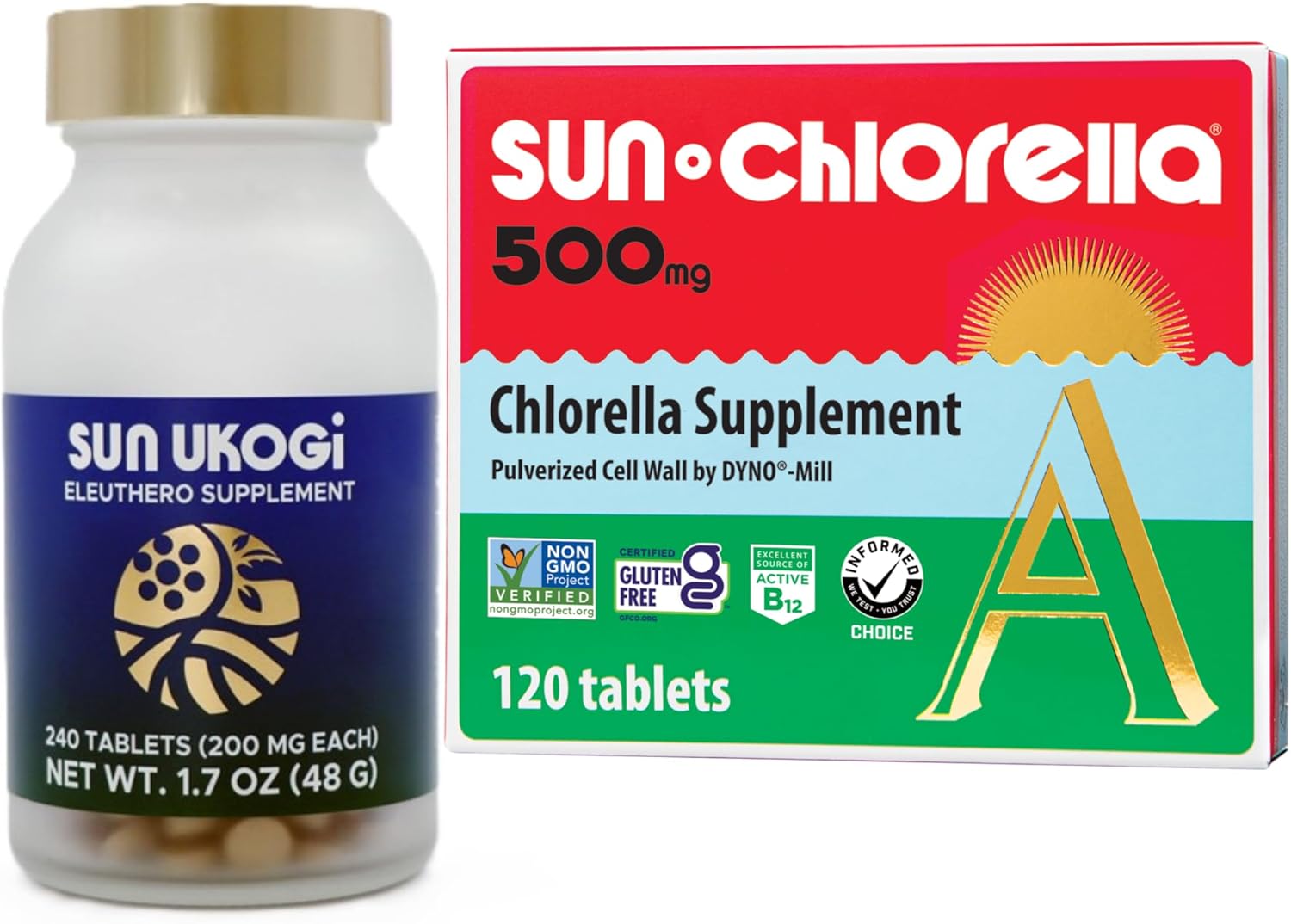 Sun Chlorella Sun On The Run Bundle 2ct - Sun Ukogi 200mg (240 Tablets) - Plus 500mg Whole Body Wellness Green Algae Superfood Supplement 120 Tablets