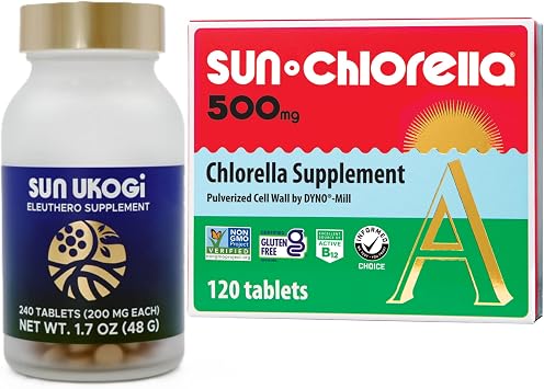 Sun Chlorella Sun On The Run Bundle 2ct - Sun Ukogi 200mg 240 Tablets - Plus 500mg Whole Body Wellness Green Algae Superfood Supplement 120 Tablets